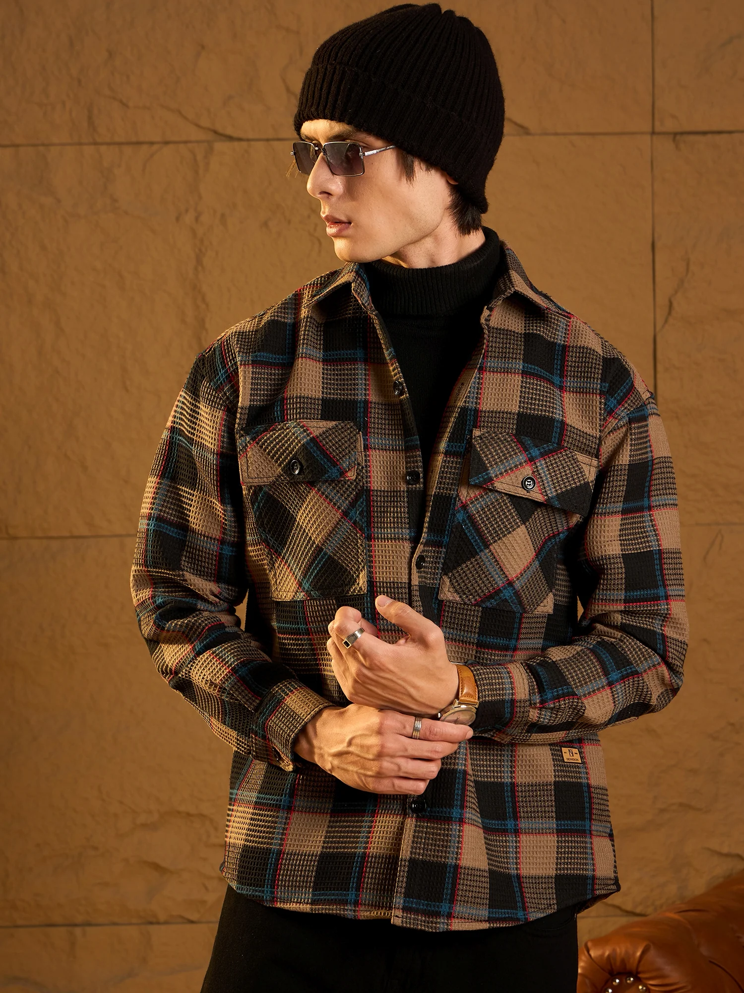Brown & Black: Oversized Cotton Checked Shacket