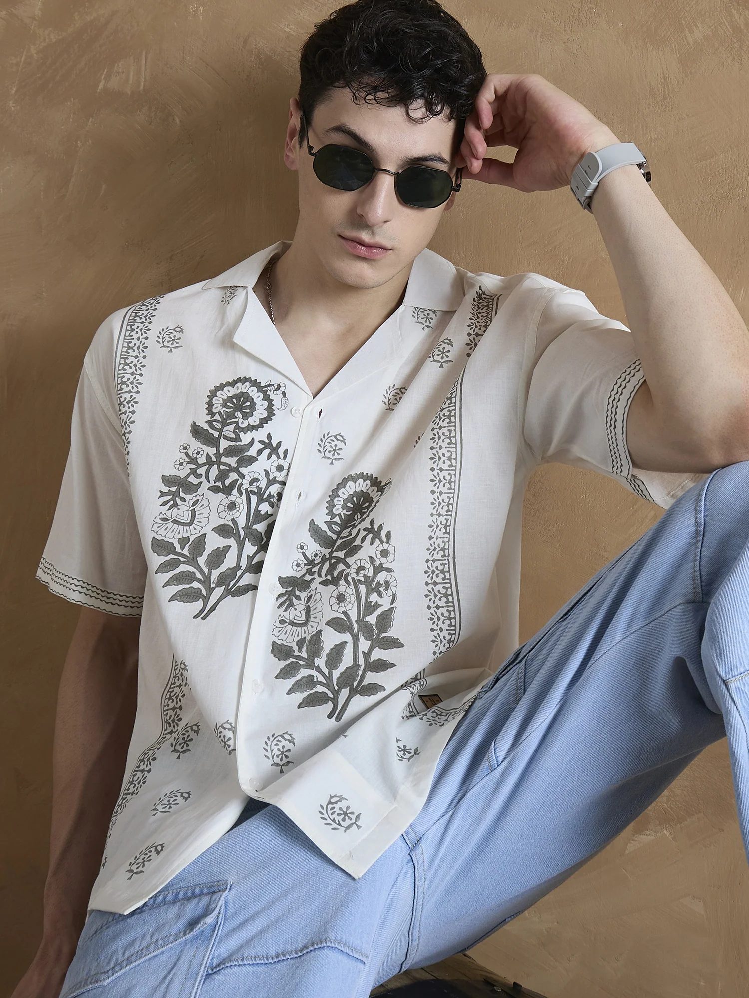 Off White & Grey: Half Sleeves Hand Block Printed Shirt