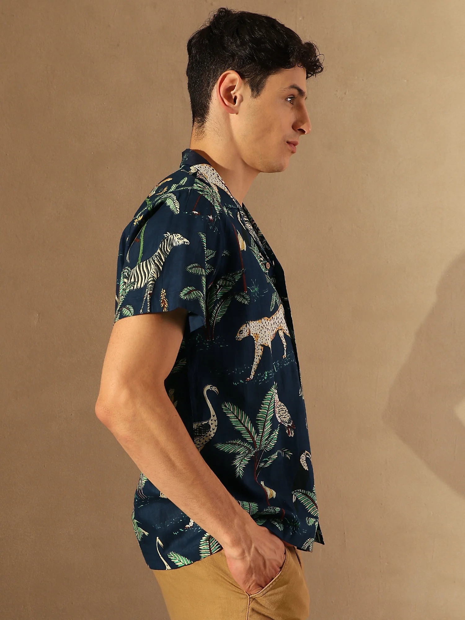 Navy Blue: Half Sleeves Block Printed Shirt