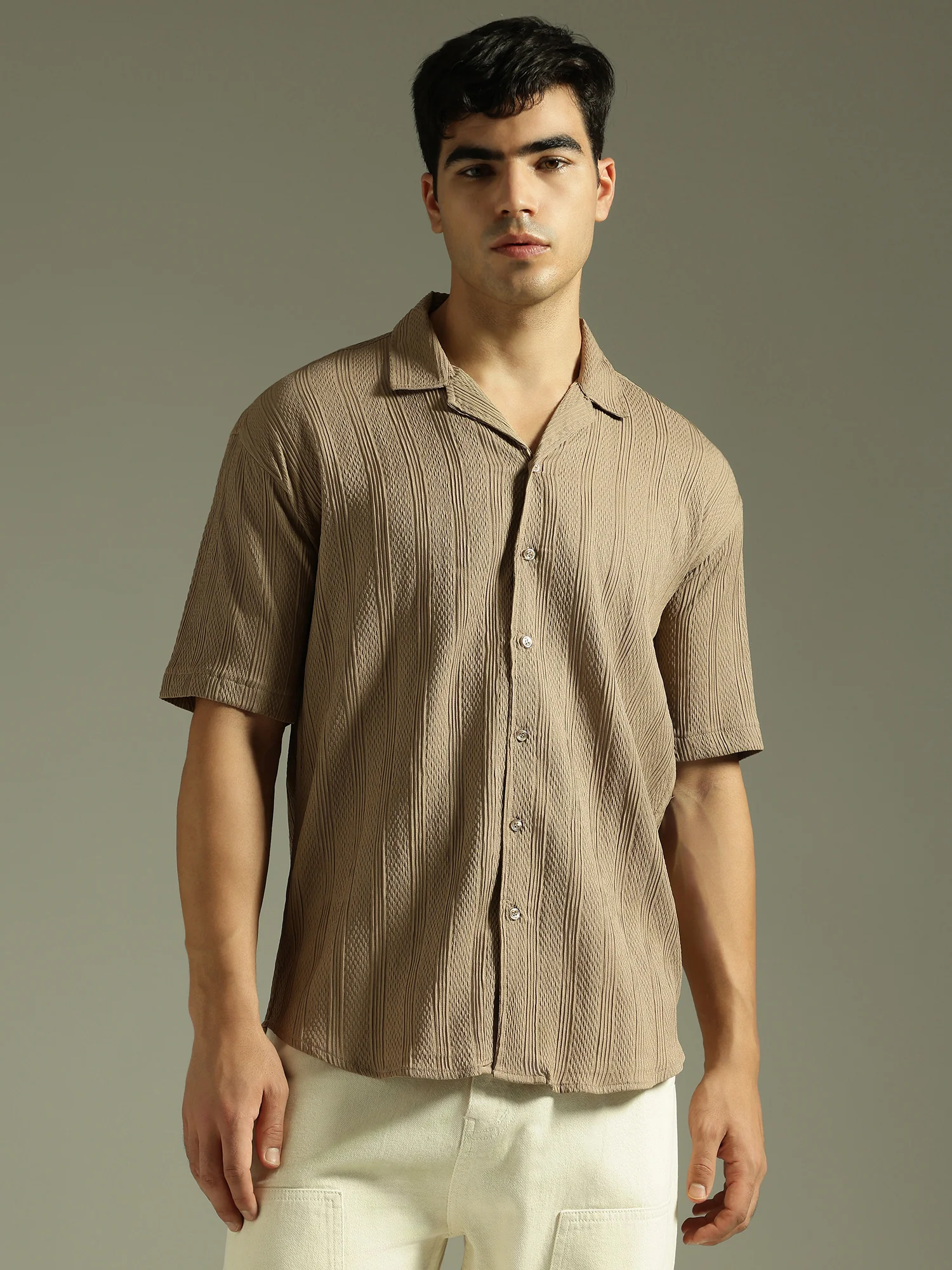Light Brown: Self Design Oversized Casual Shirt