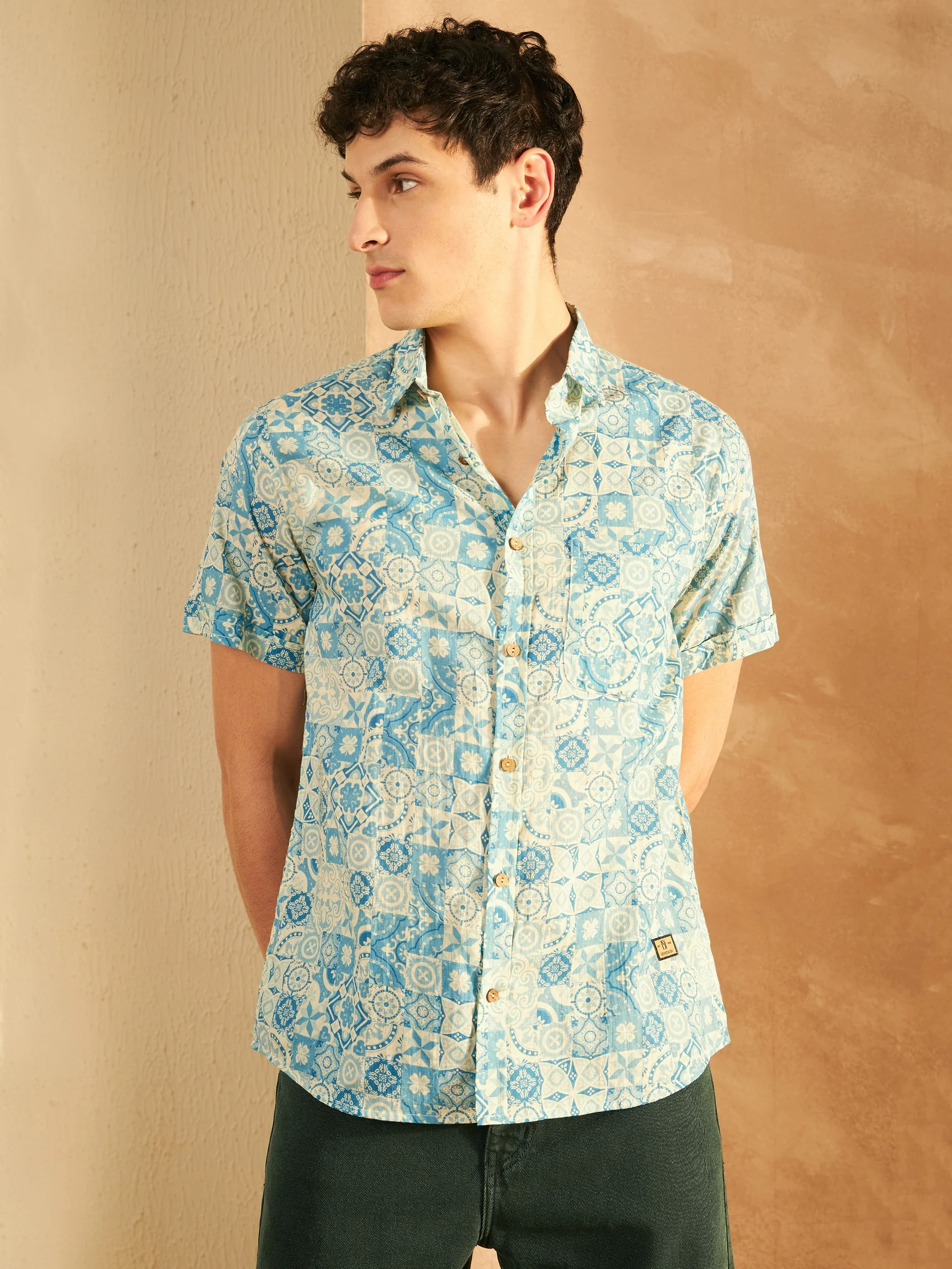 Cream & Blue: Half Sleeves Block Printed Shirt
