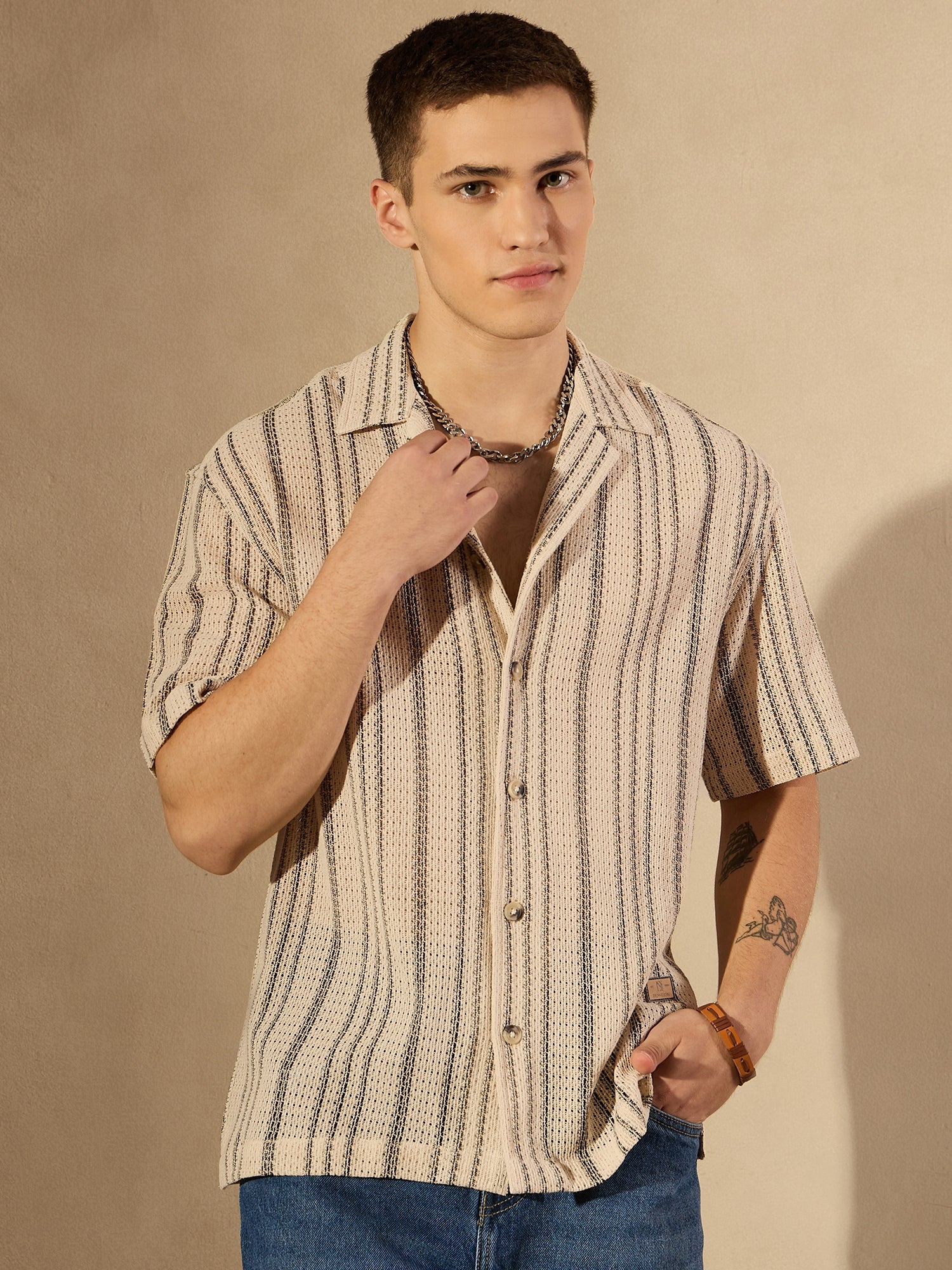 Cream & Black: Half Sleeves Crochet Oversized Striped Shirt