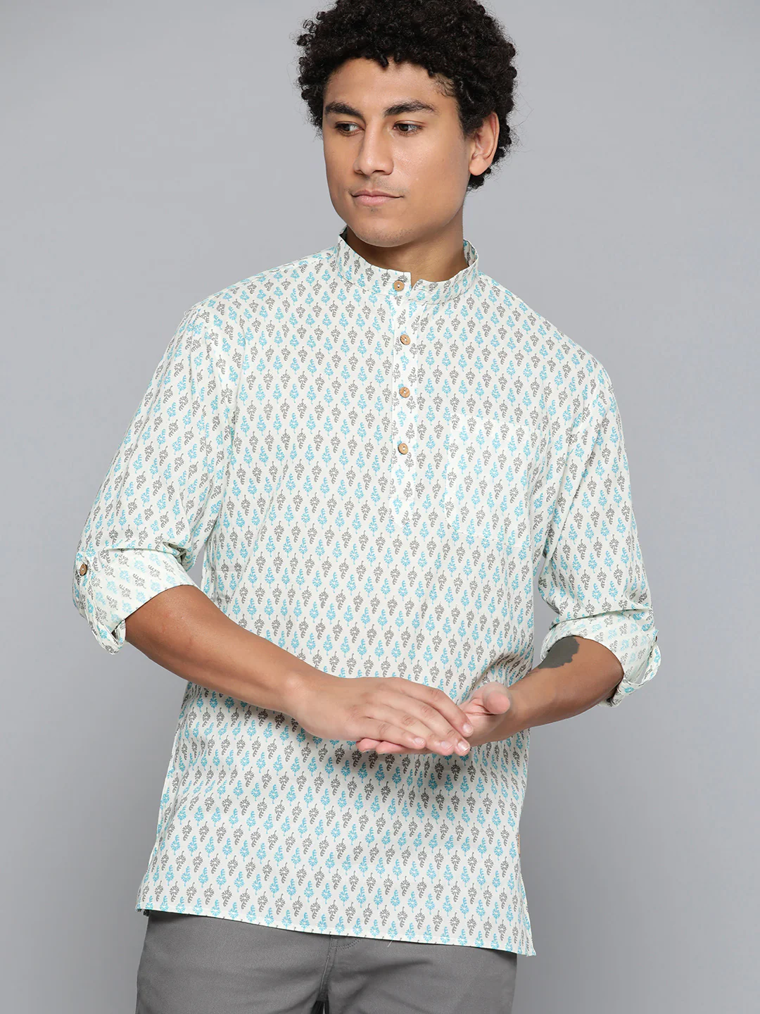 DENNISON Men White & Blue Block Printed Kurta