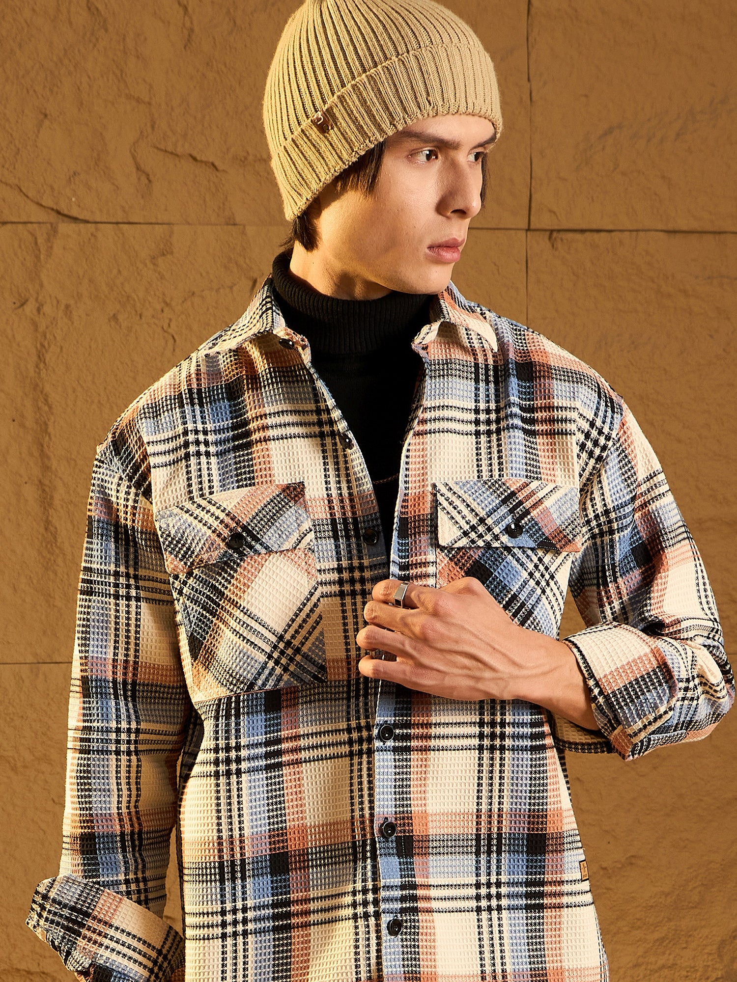 Cream Cotton Checked Oversized Shacket