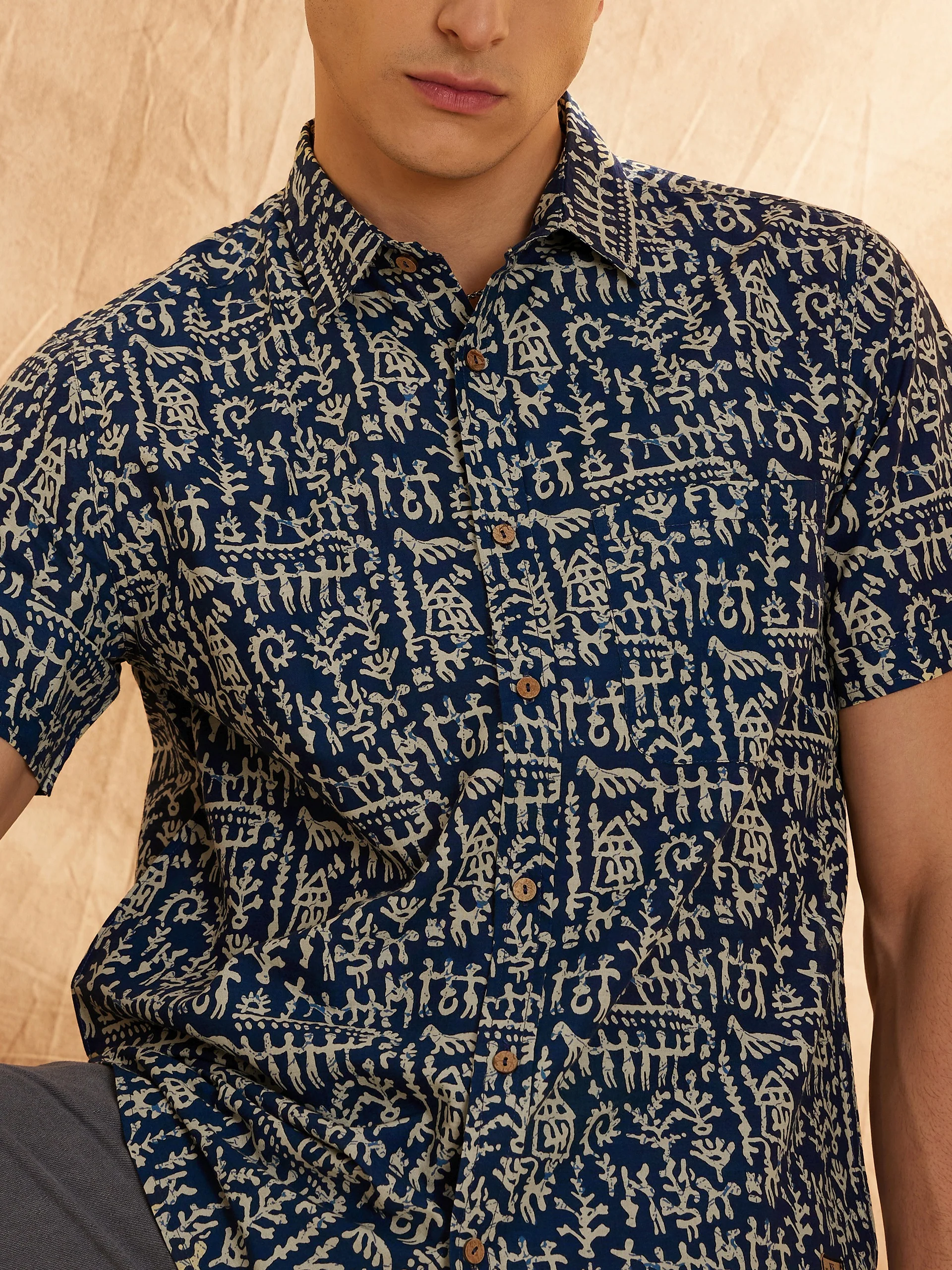 Blue & Cream: Half Sleeves Block Printed Shirt
