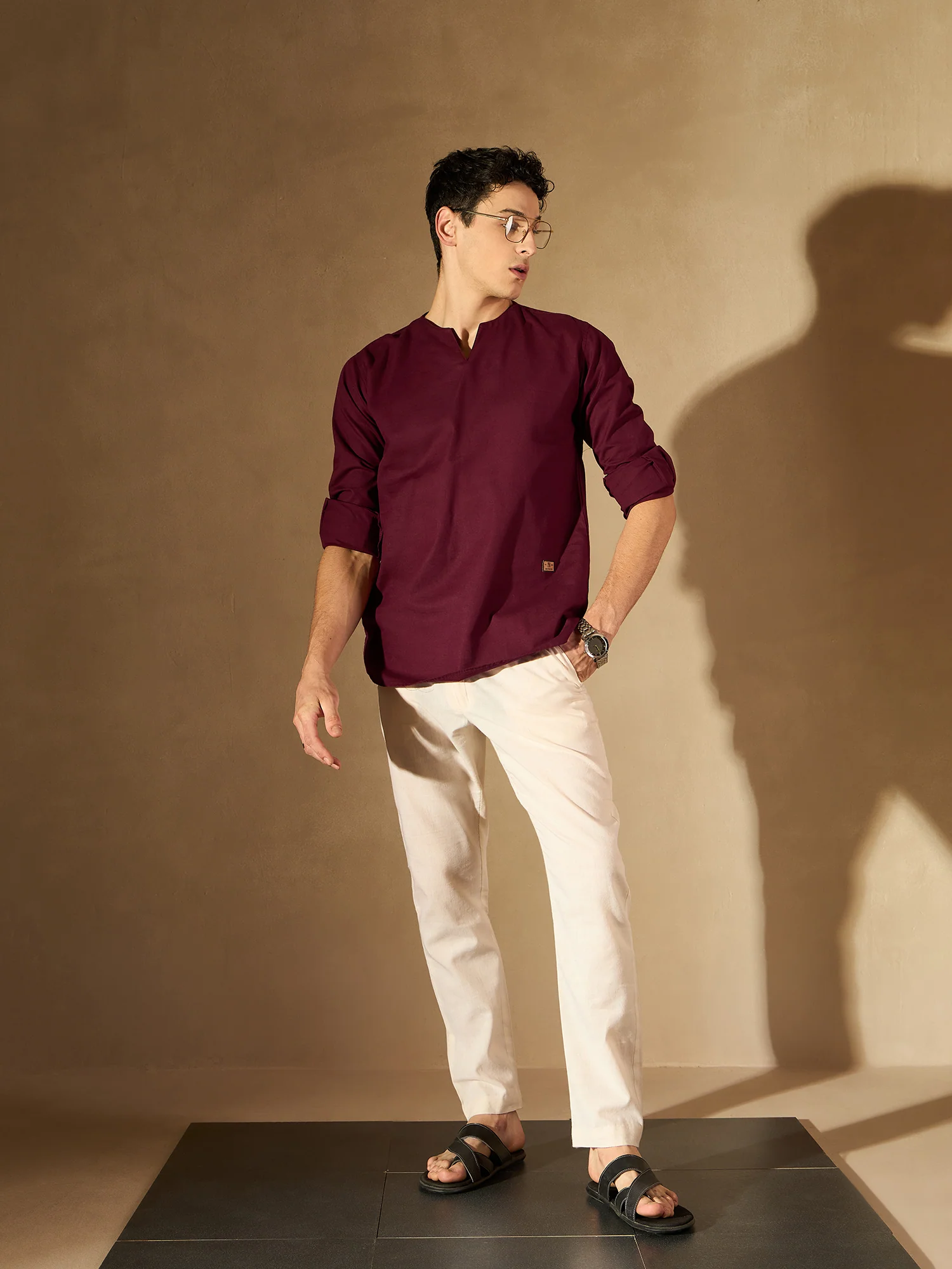 DENNISON Men Maroon Solid Straight Pure Cotton Short Kurta