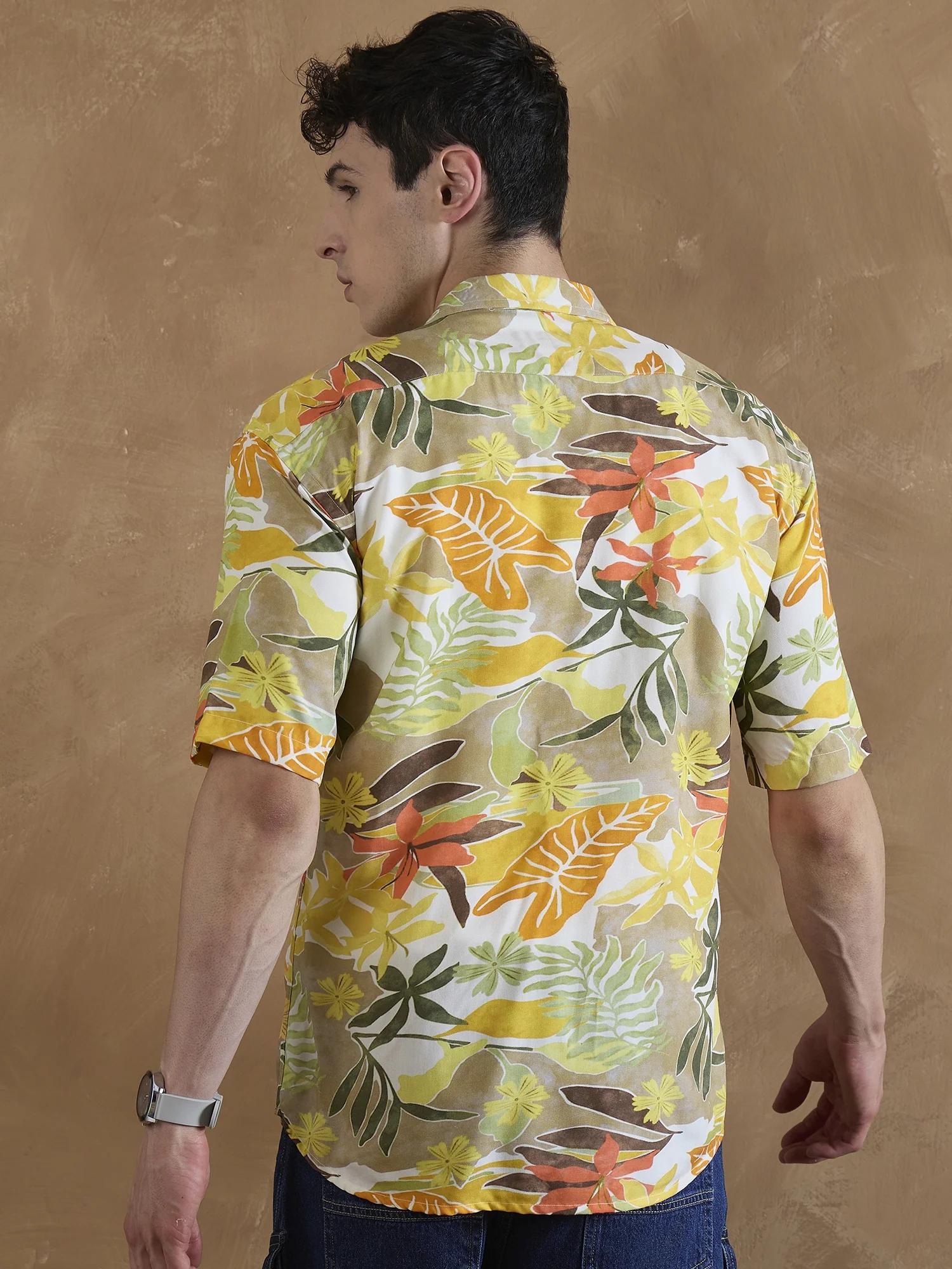 Orange: Half Sleeves Tropical Printed Shirt