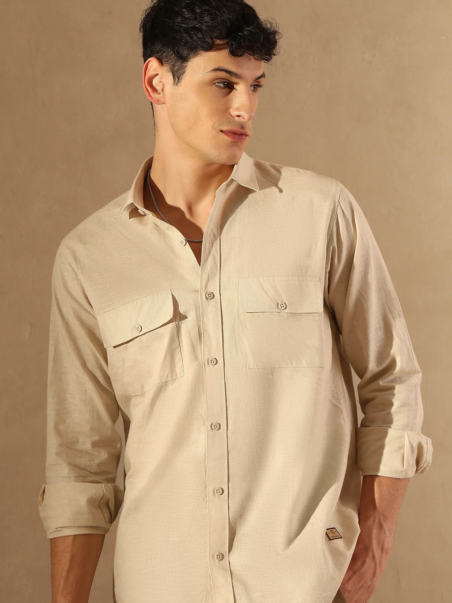 Beige Double Pocket Cotton Linen Shirt