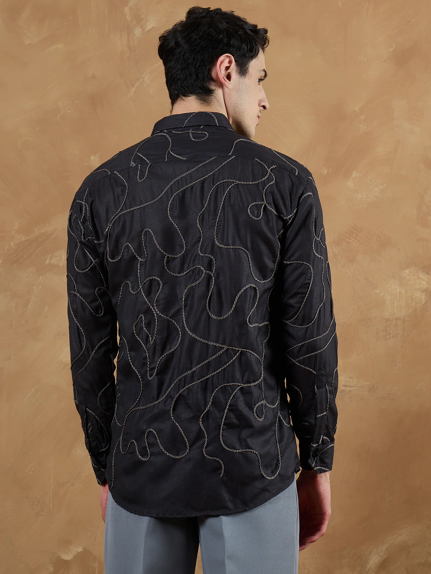 Black & Grey: Full Sleeves Embroidered Shirt