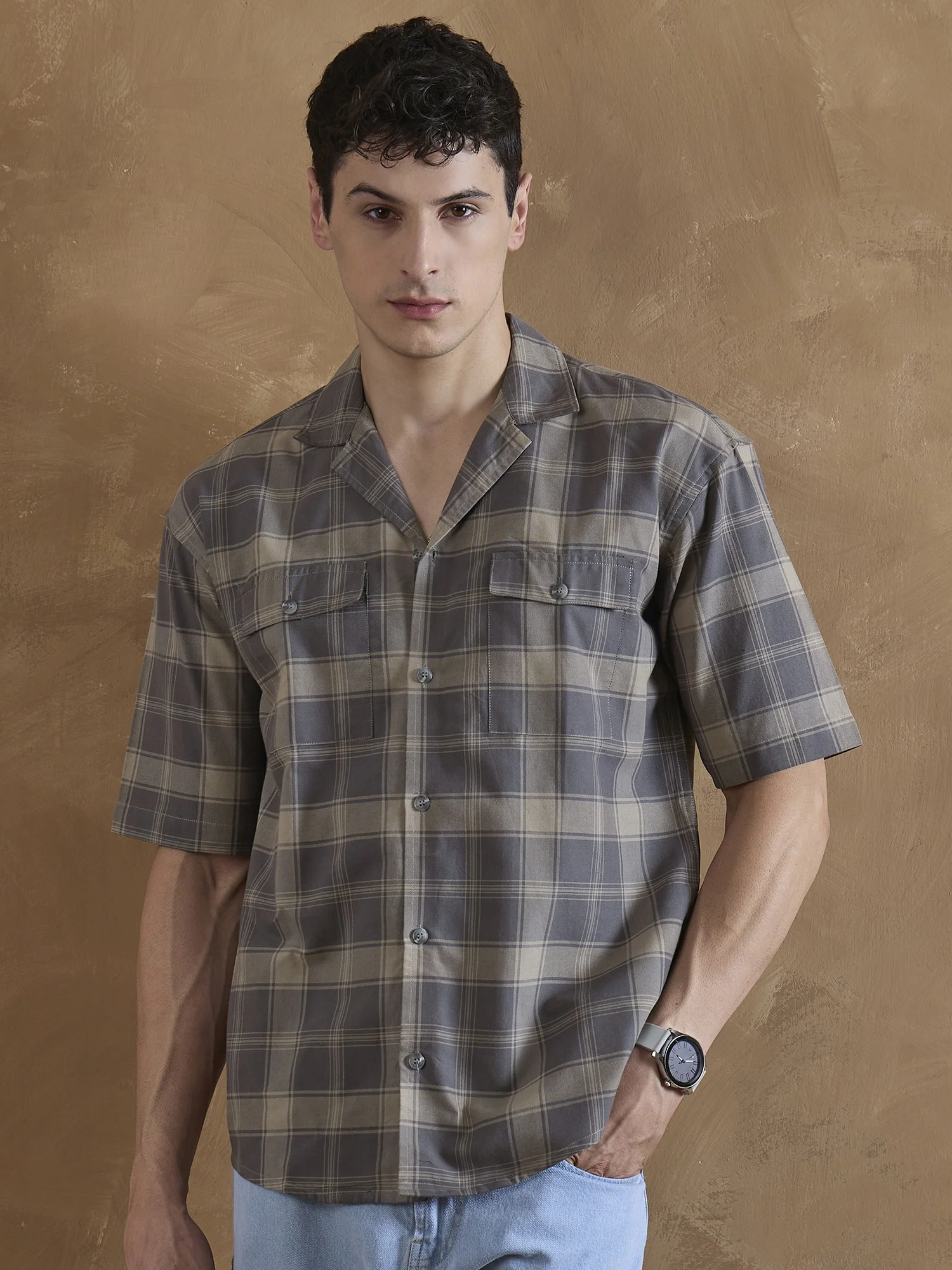 Dark Grey: Half Sleeves Double Pocket Checkered Shirt