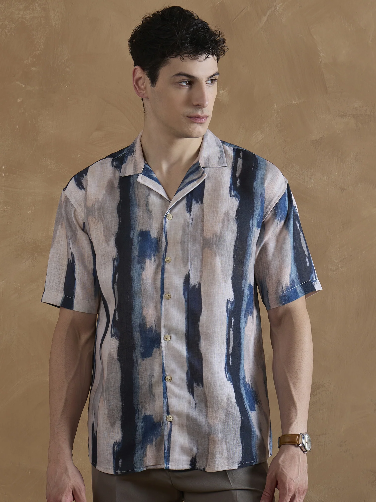 Blue & Cream: Half Sleeves Abstract Printed Shirt