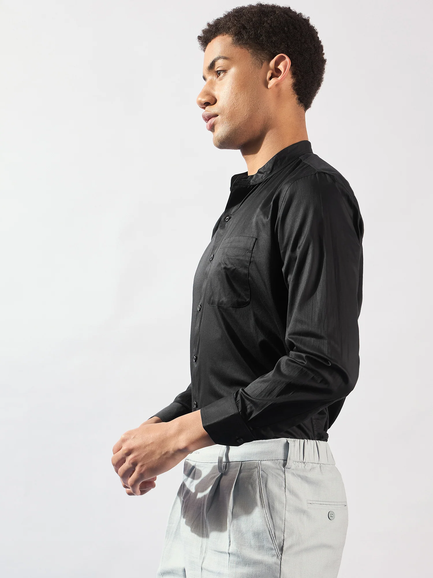 Black Mandarin Collar Cotton Casual Shirt