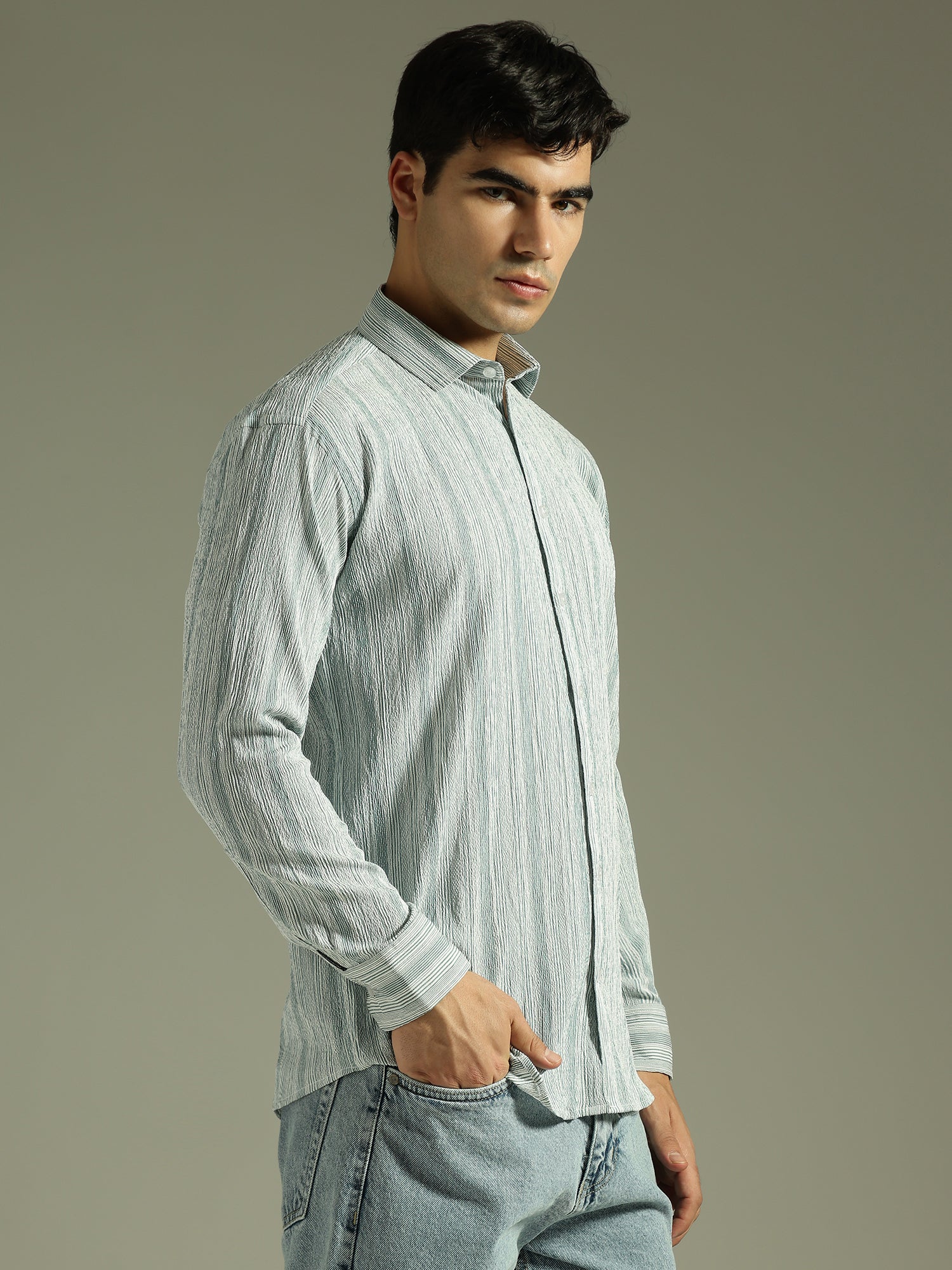 Green & White: Textured Drop Shoulder Casual Shirt