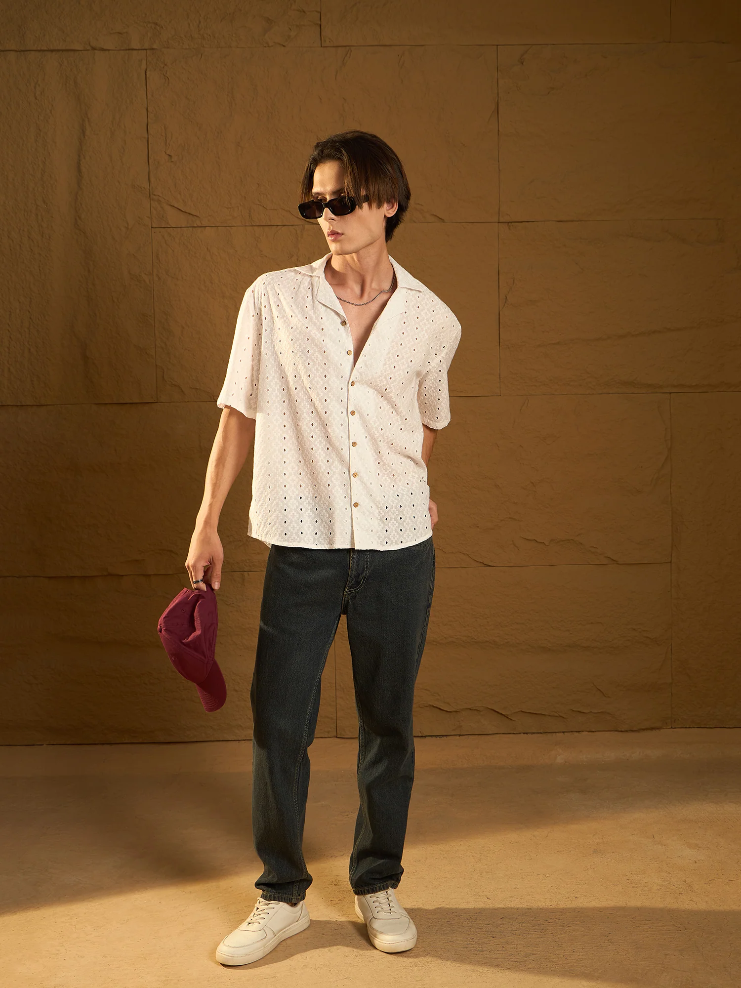 White: Half Sleeves Schiffli Semi Sheer Oversized Shirt