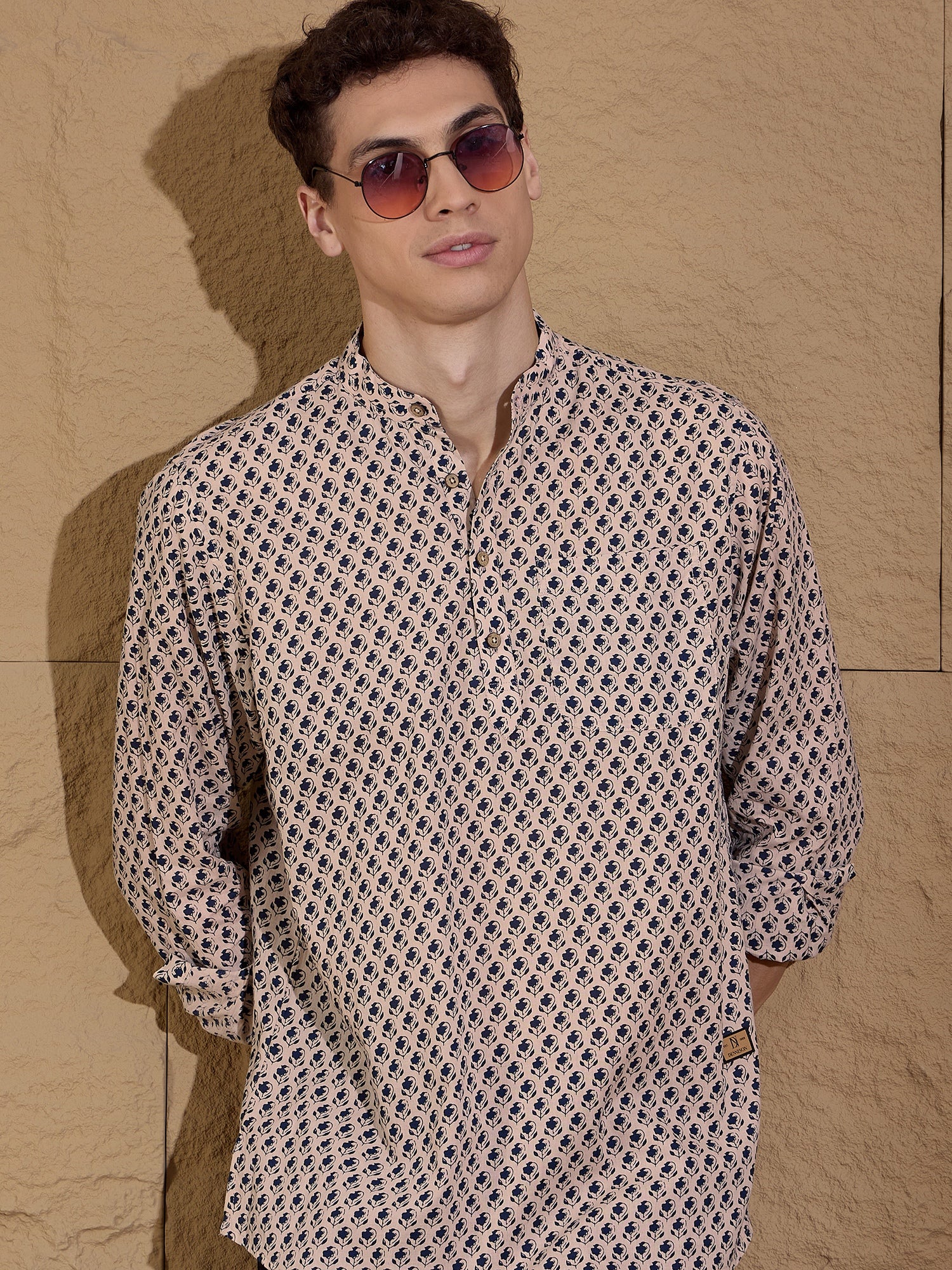 Cream and Blue: Block Printed Short Casual Kurta
