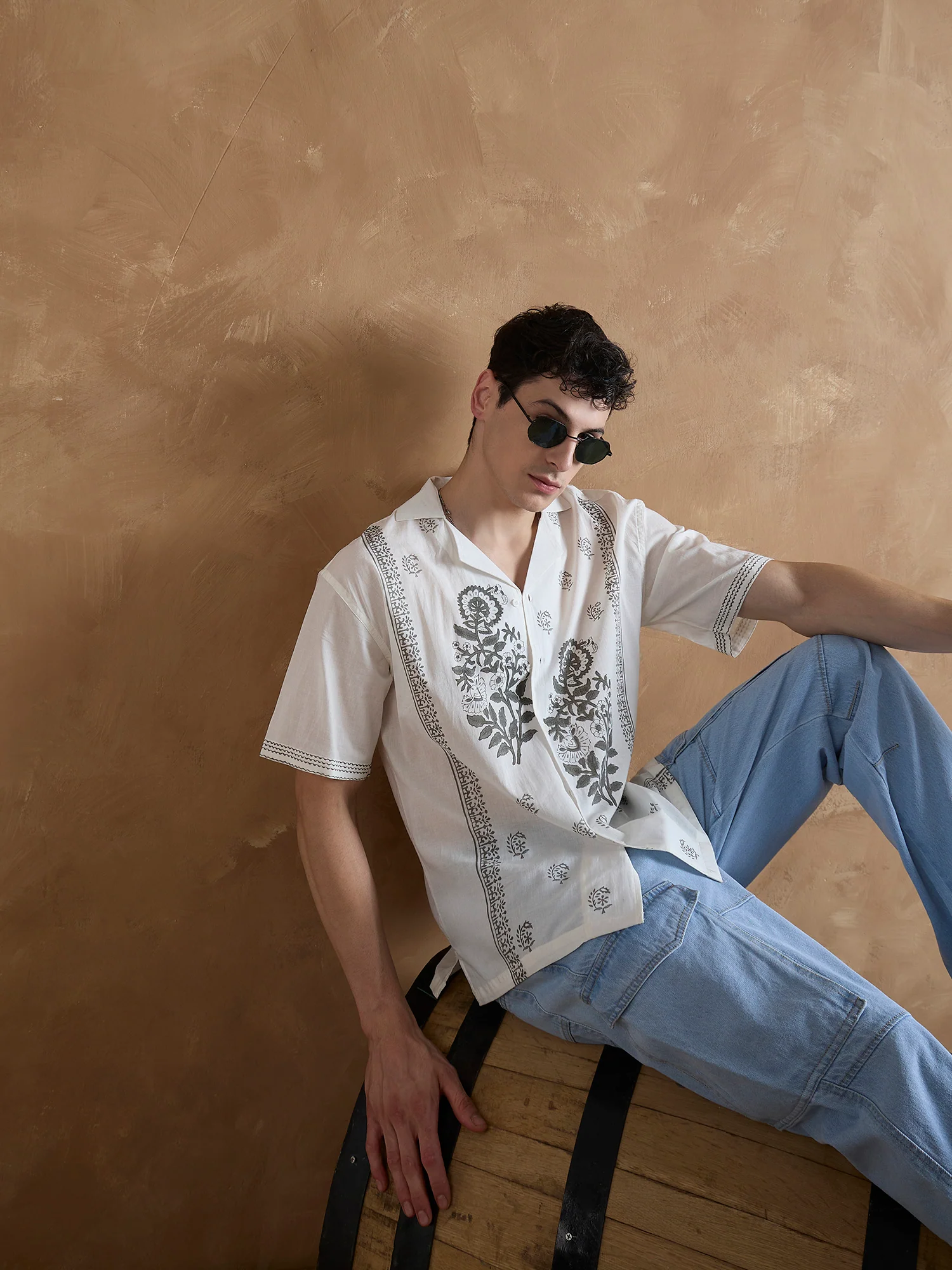Off White & Grey: Half Sleeves Hand Block Printed Shirt