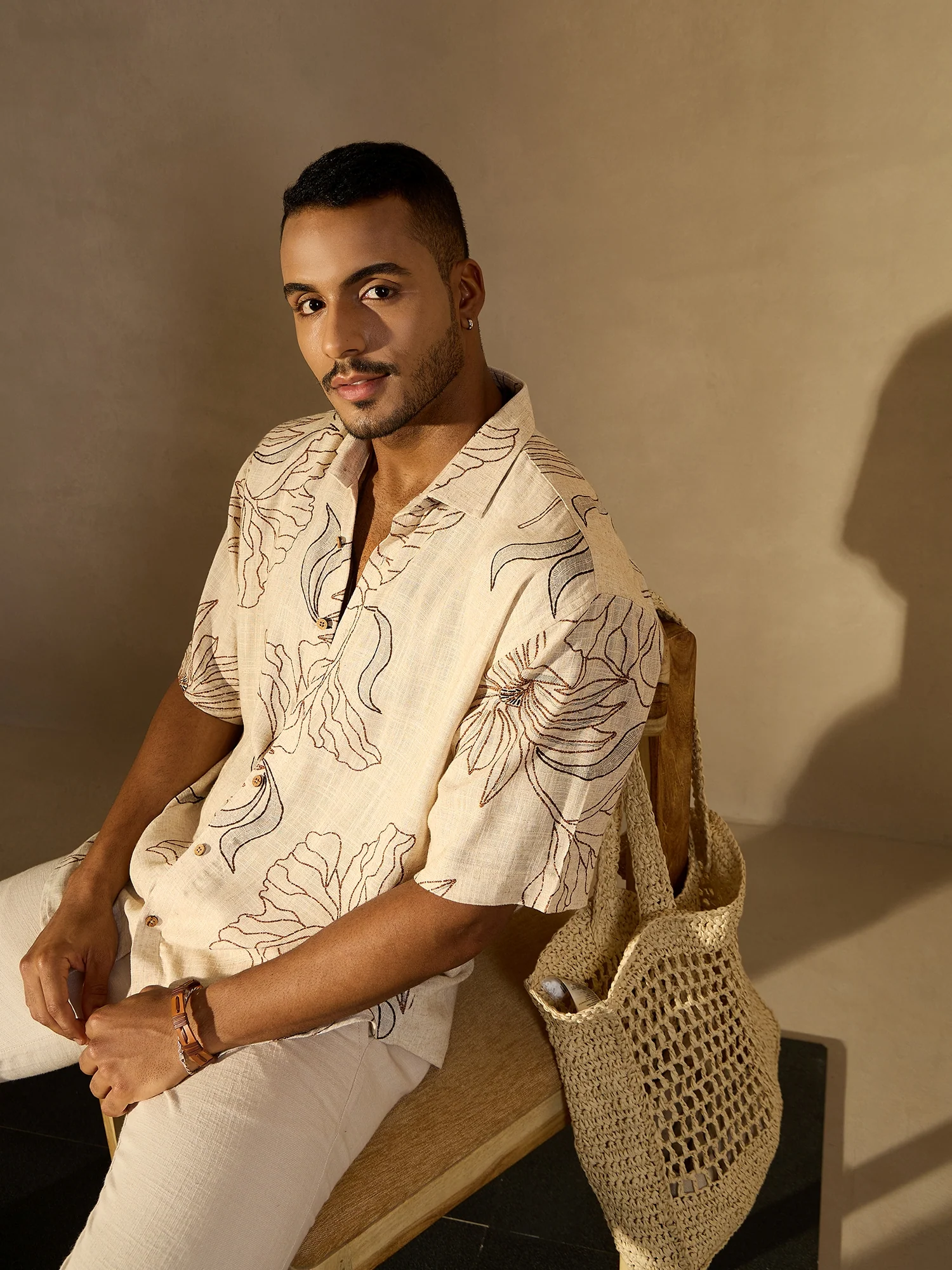 Beige & Brown: Half Sleeves floral printed Oversized Casual Shirt