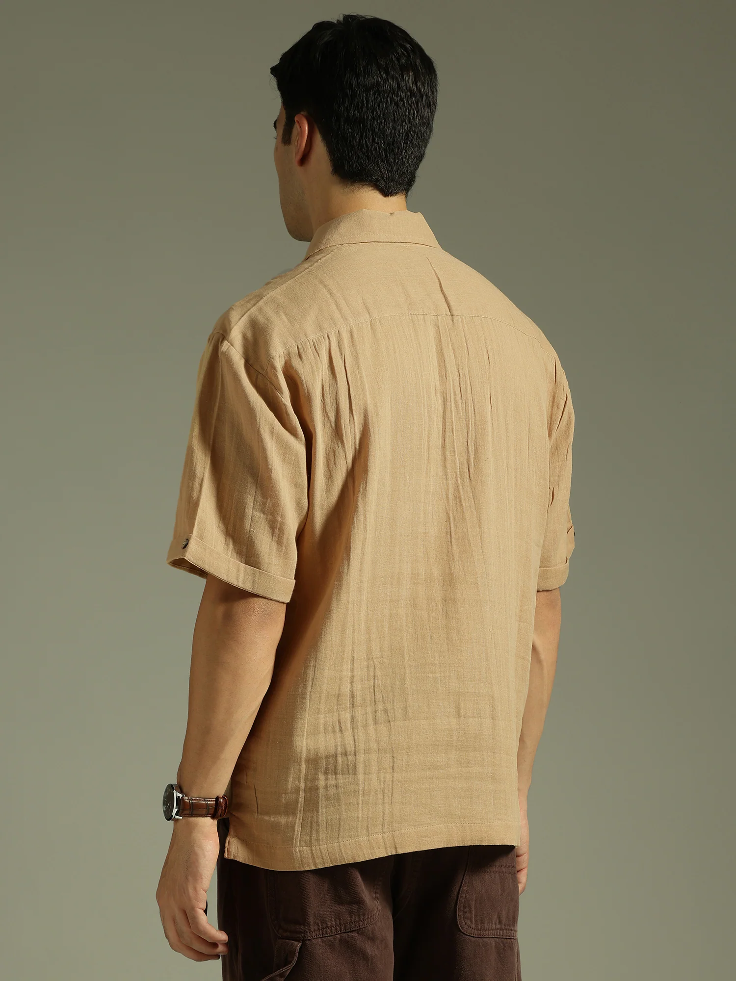 Beige: Half Sleeves Muslin Kurta Shirt
