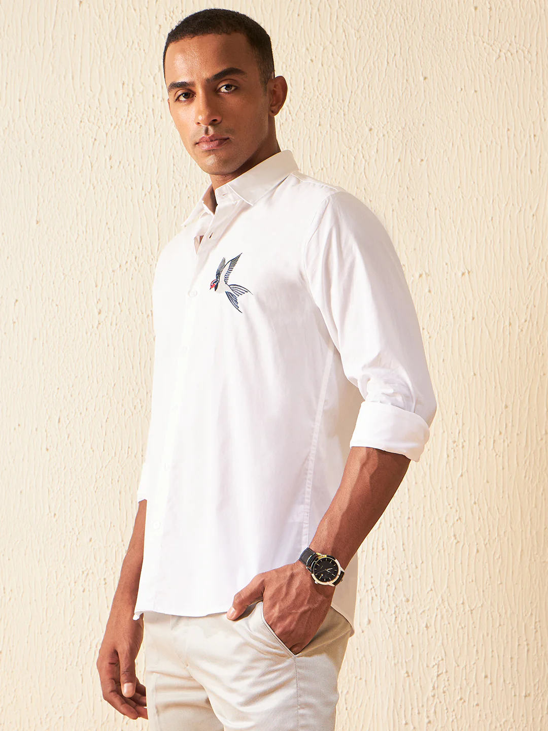 White: Full Sleeves Slim Fit Embroidery Shirt