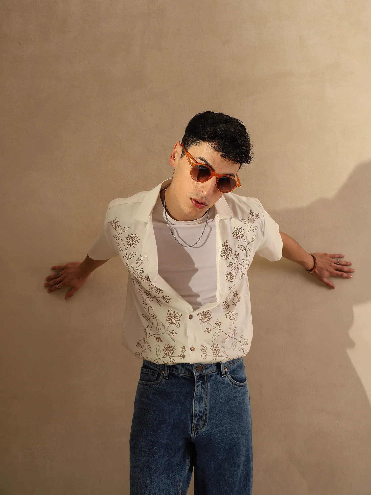White:Half Sleeves Embroidery Casual Shirt