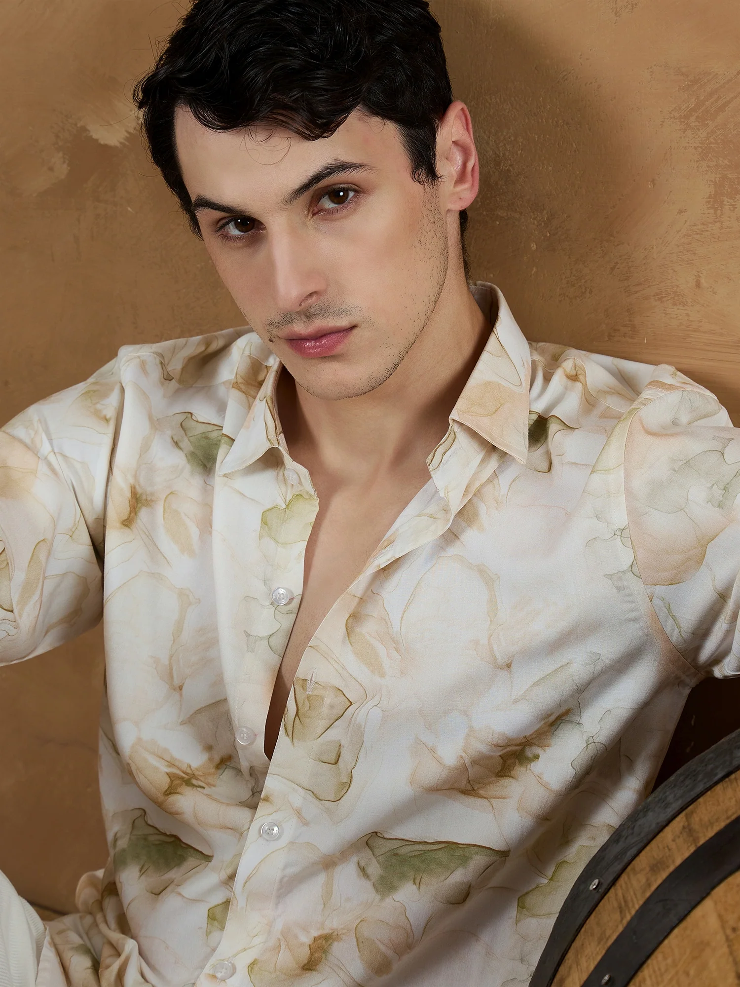 Cream & Brown: Marble Printed Shirt