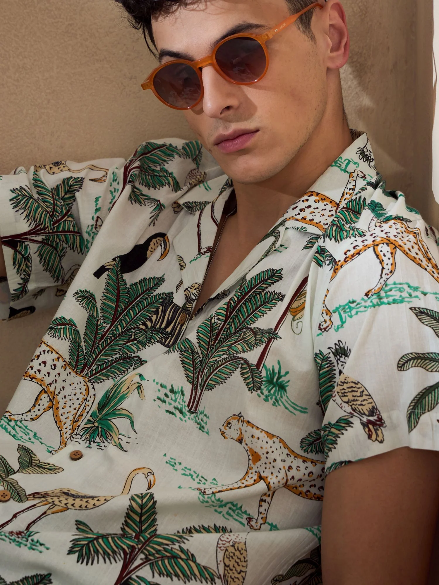 Cream: Half Sleeves Casual Printed Shirt
