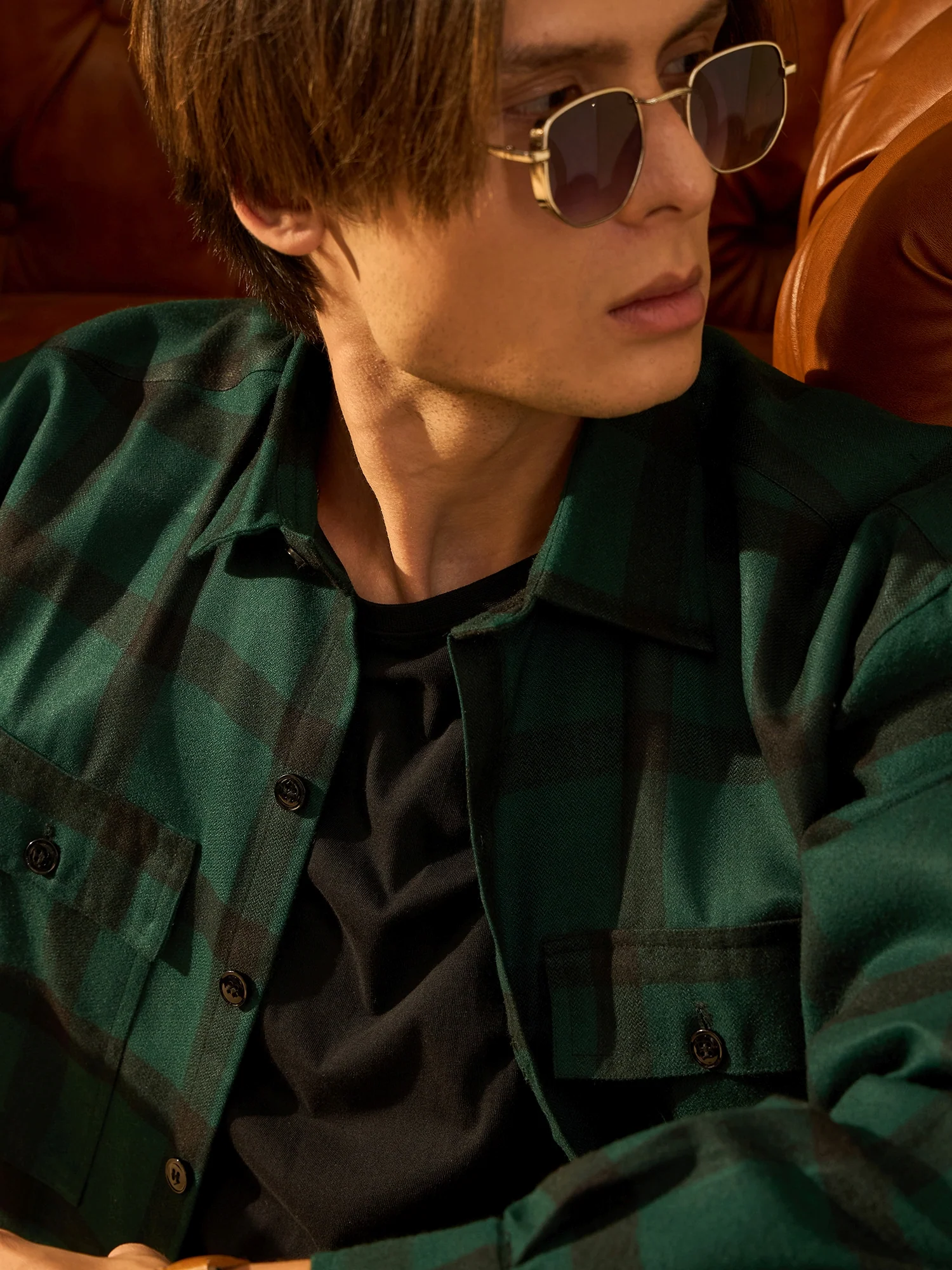 Green Checked Cotton Oversized Shacket