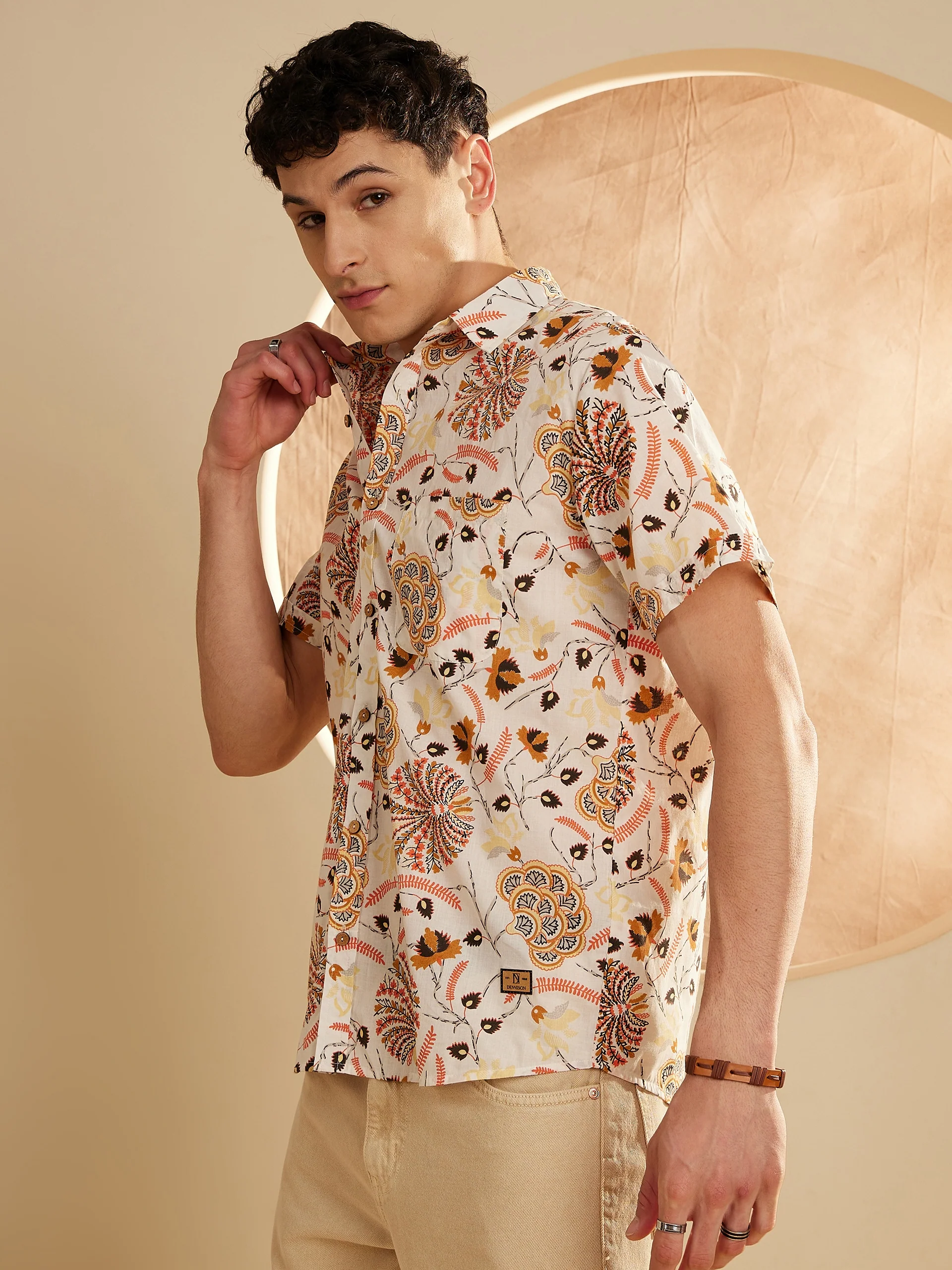 Cream: Half Sleeves Block Printed Shirt
