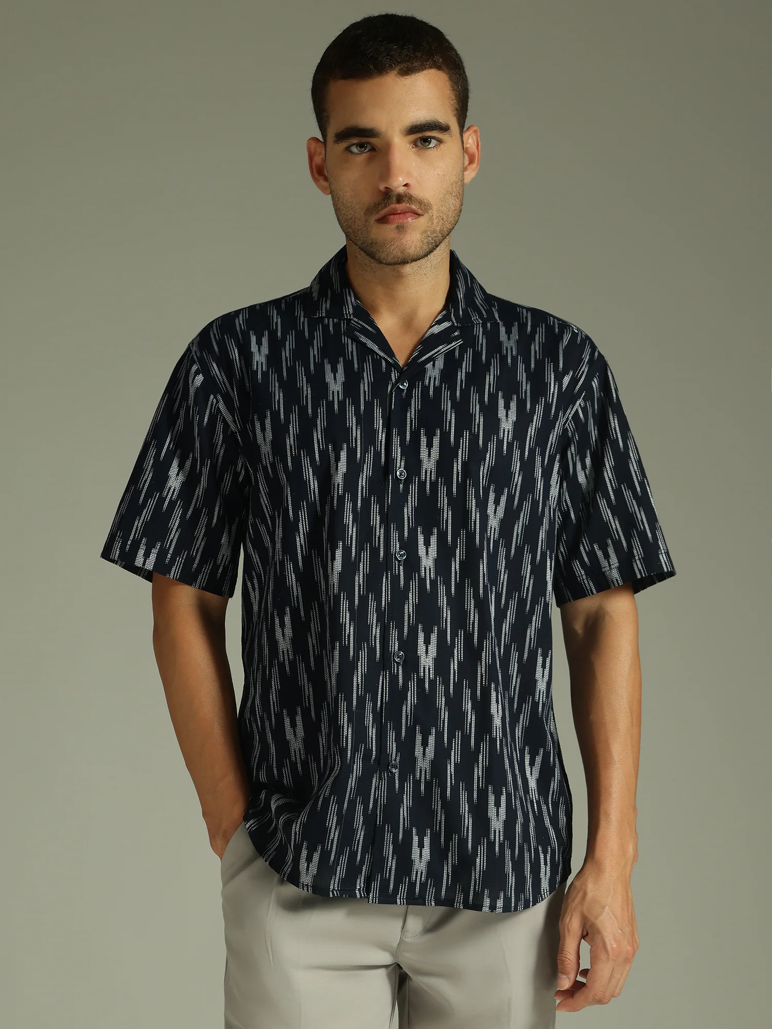 Blue: Ikat Embroidered Oversized Casual Shirt