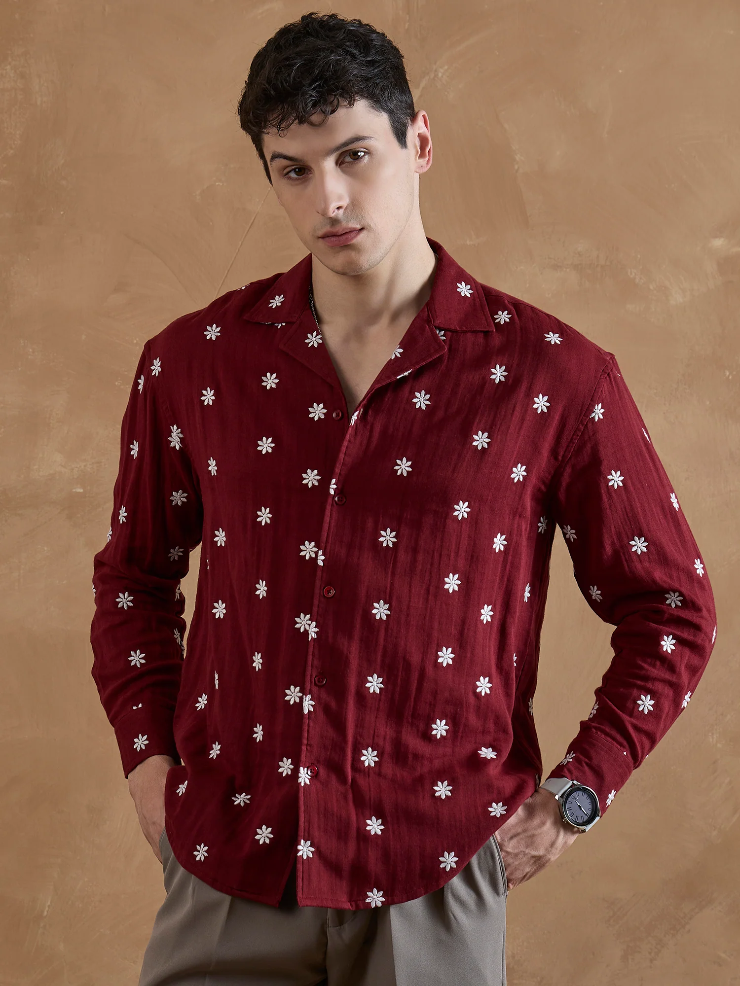 Red: Full Sleeves Muslin Embroidered Shirt