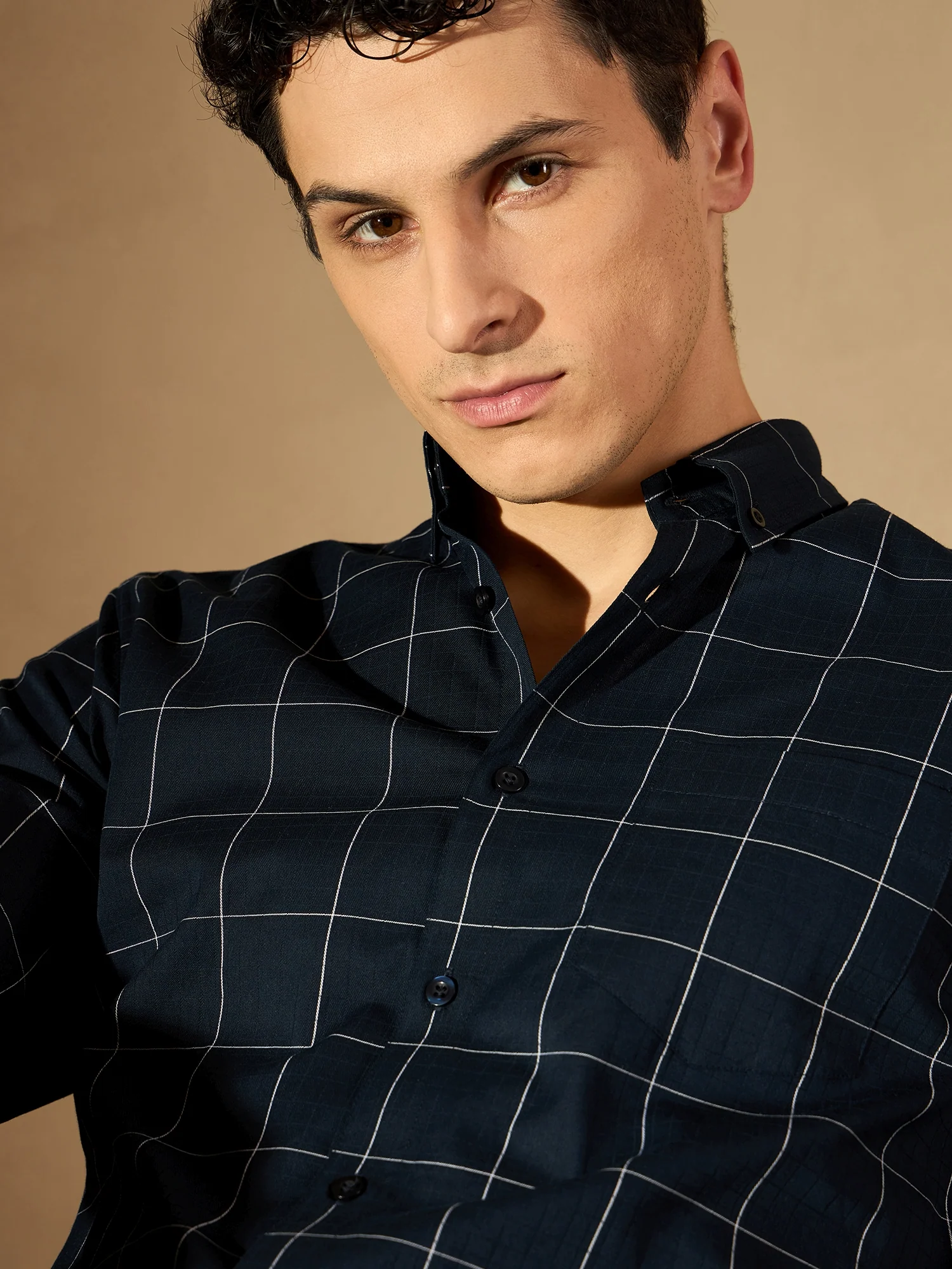 Navy Blue: Full Sleeves Checked Formal Shirt