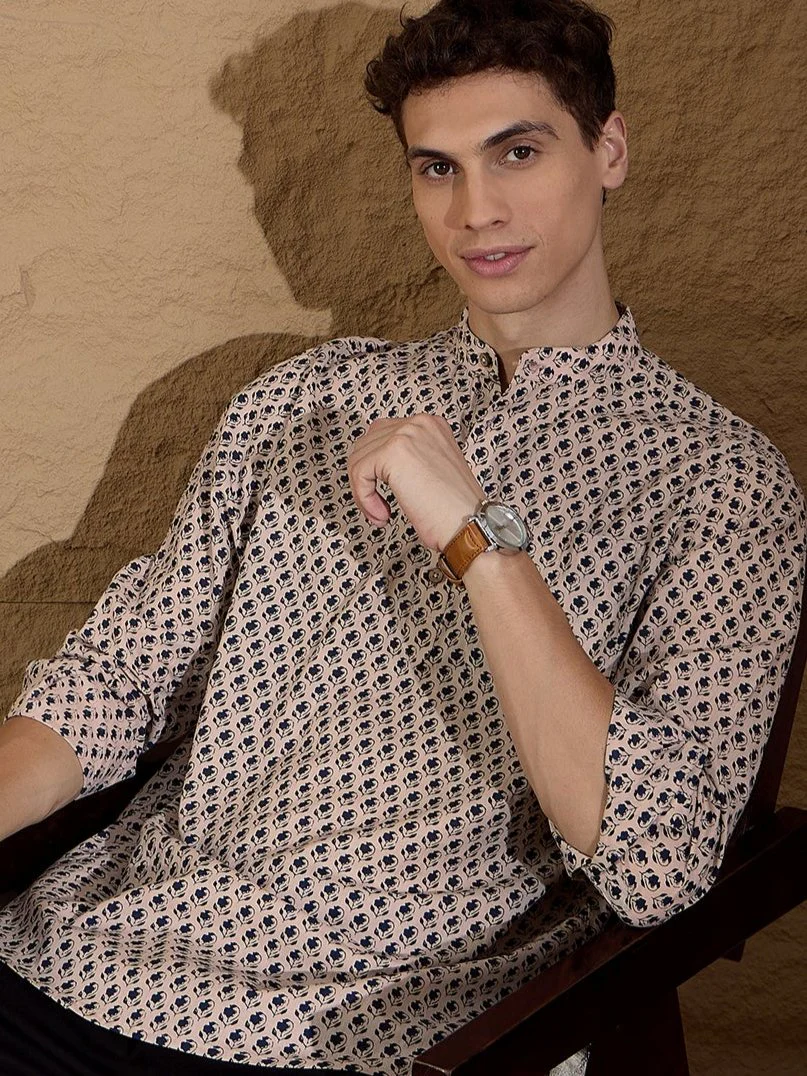 Cream and Blue: Block Printed Short Casual Kurta