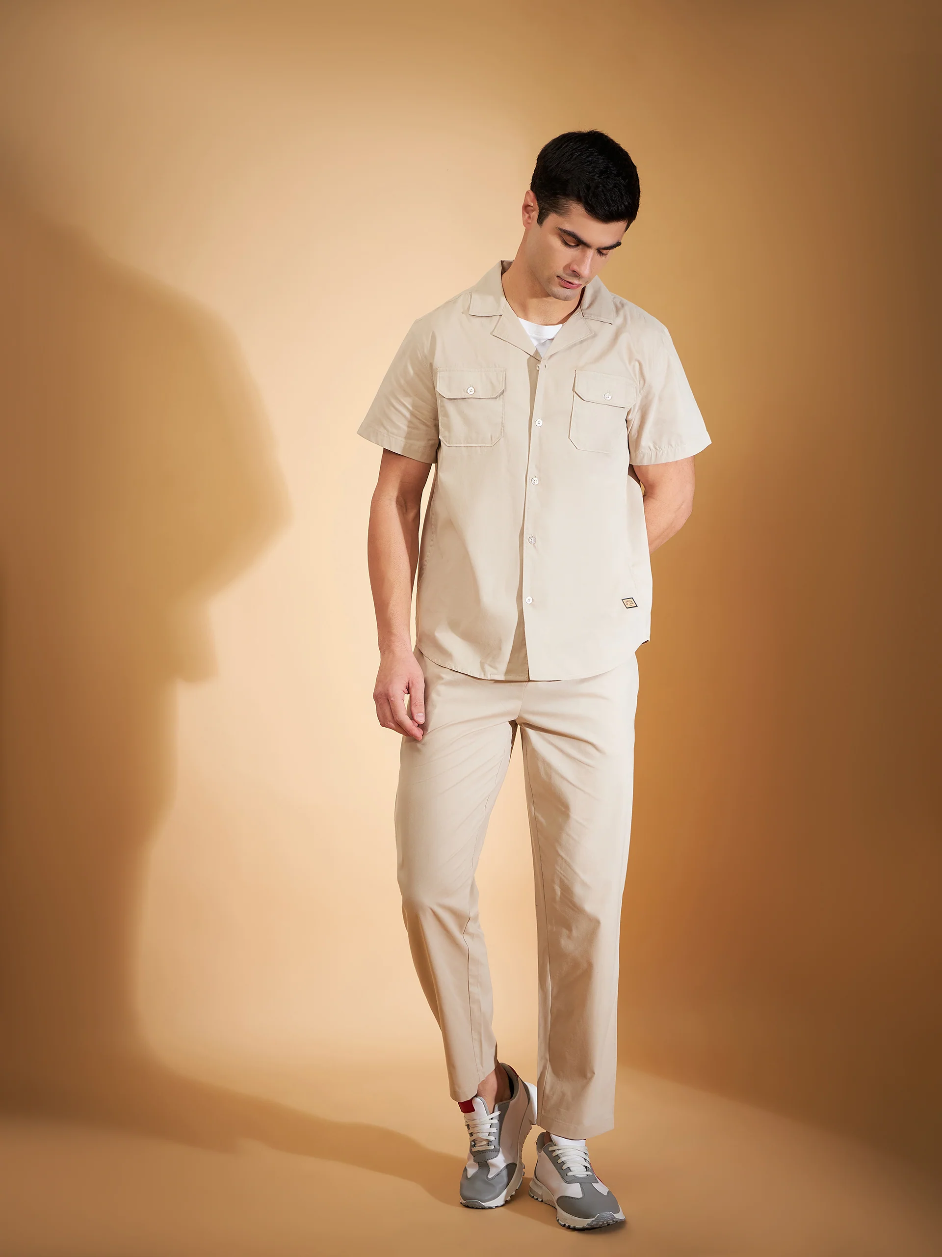 DENNISON Men Beige Coord Set | Solid Shirt With Straight Fit Pant