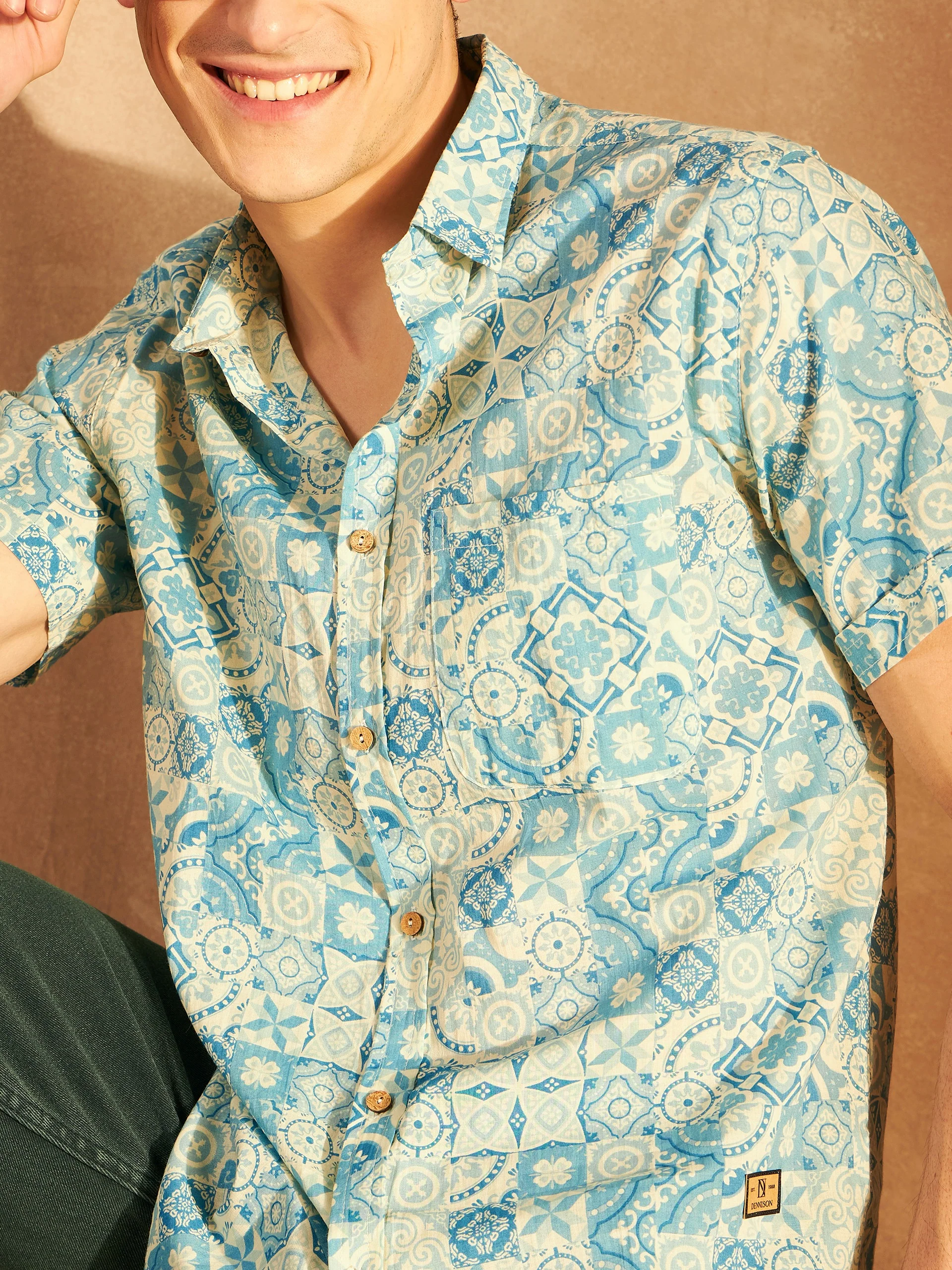 Cream & Blue: Half Sleeves Block Printed Shirt