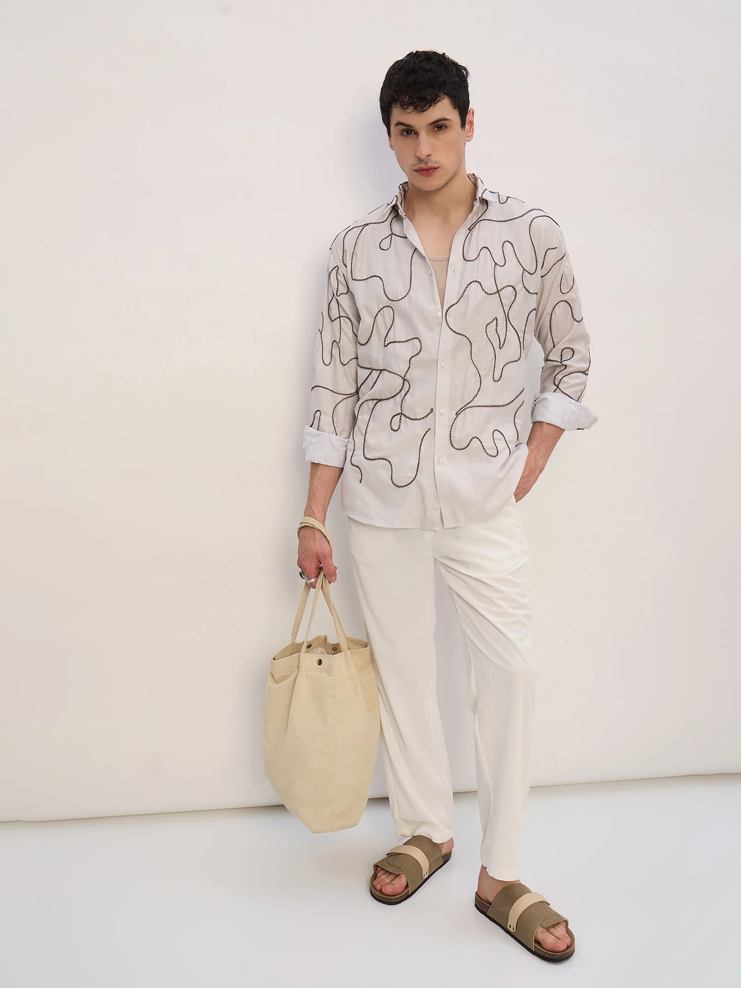 Beige & Grey: Half Sleeves Embroidered Shirt