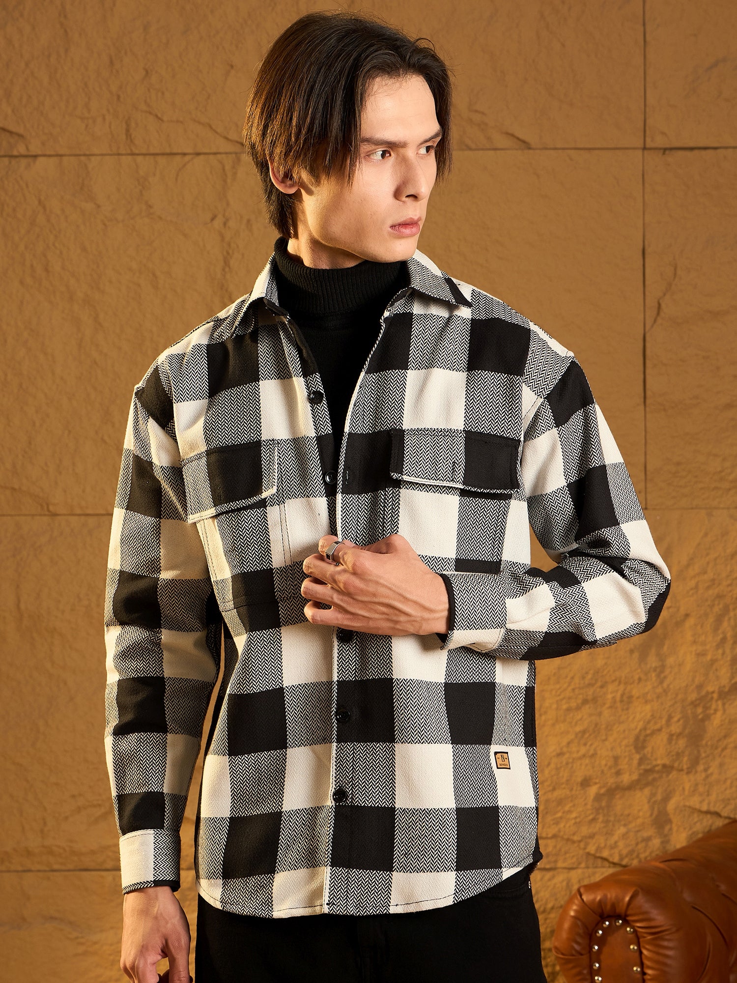 Double Pocket Drop Shoulder Oversized Cotton Checked Shacket