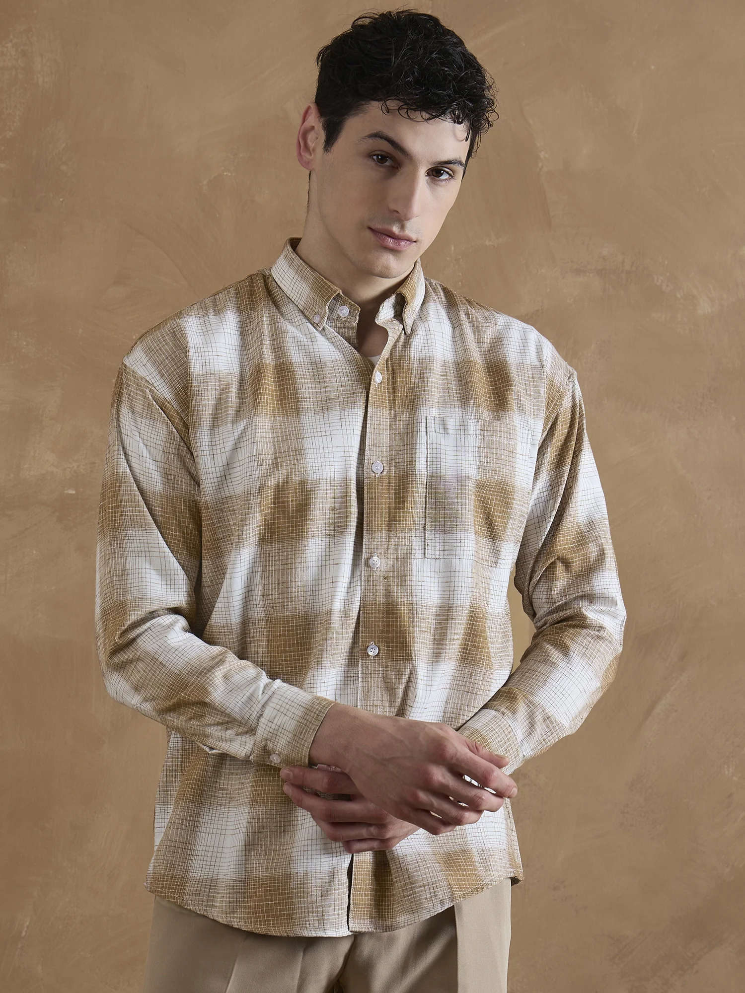 Light Brown & White: Full Sleeves Check Shirt