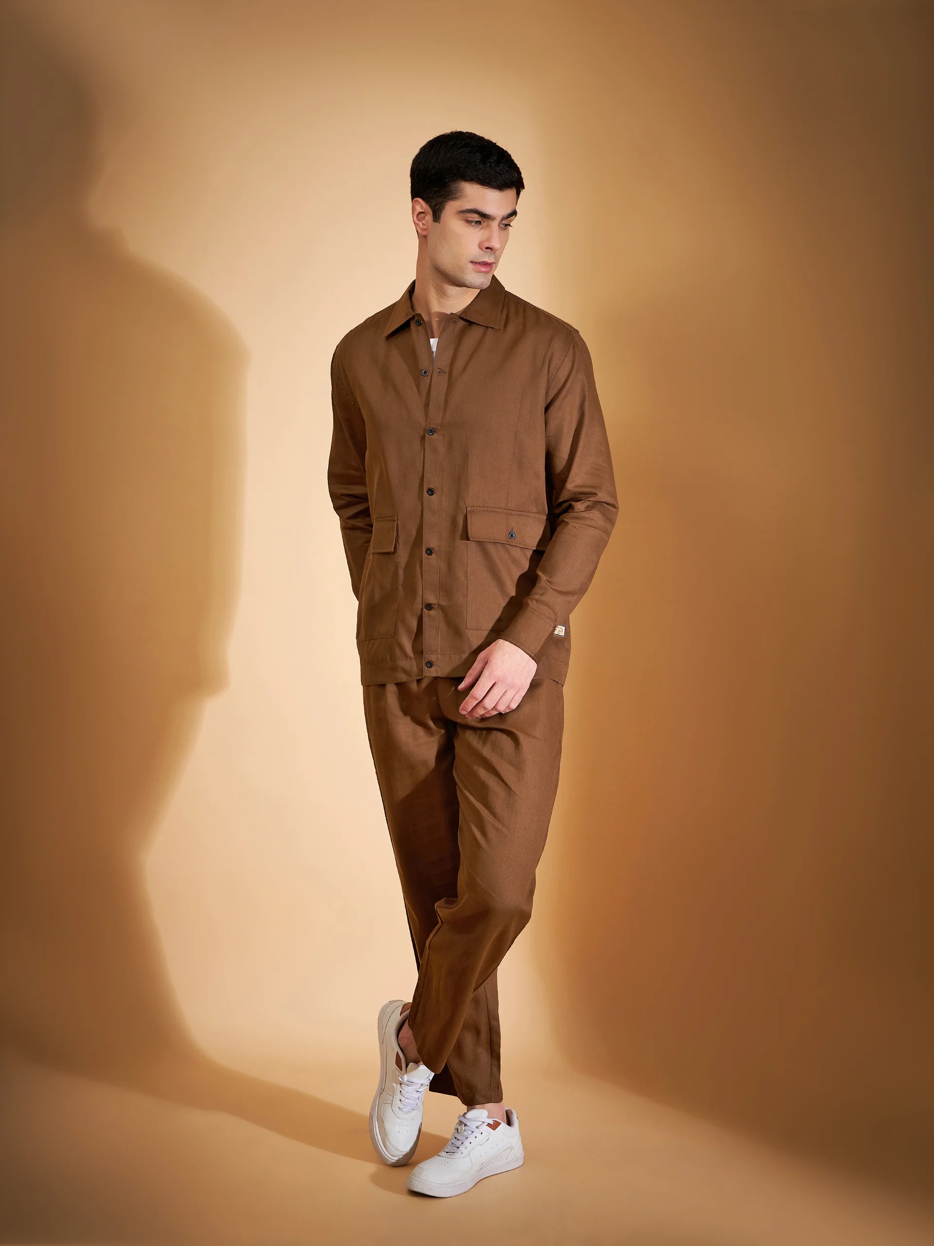 DENNISON Men Brown Coord Set | Solid Shirt With Straight Fit Pant