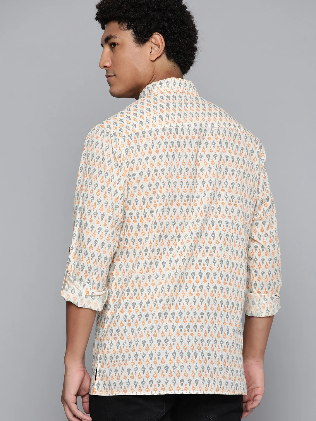 DENNISON Men White & Orange Block Printed Kurta