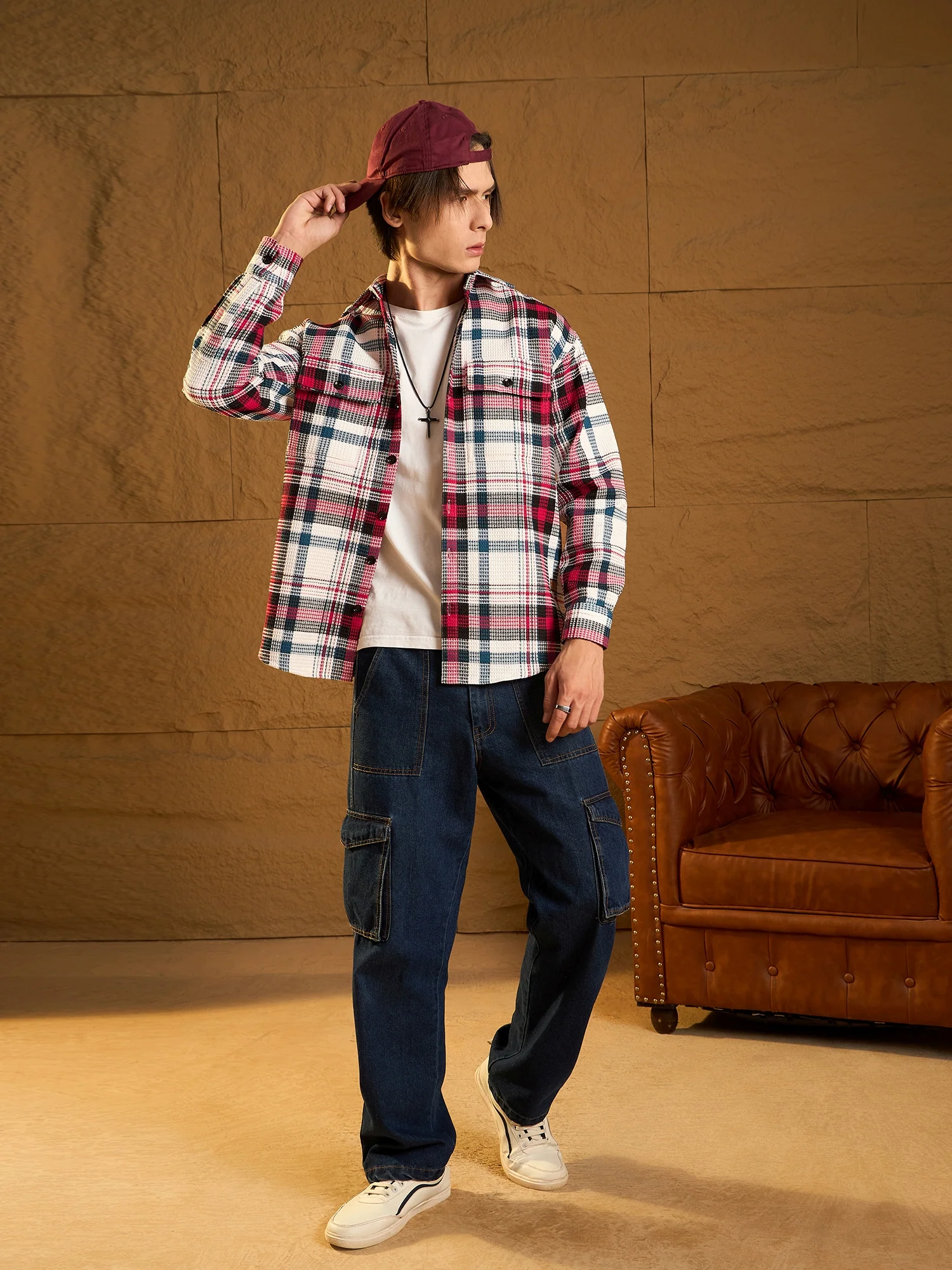 White & Red: Oversized Cotton Checked Shacket