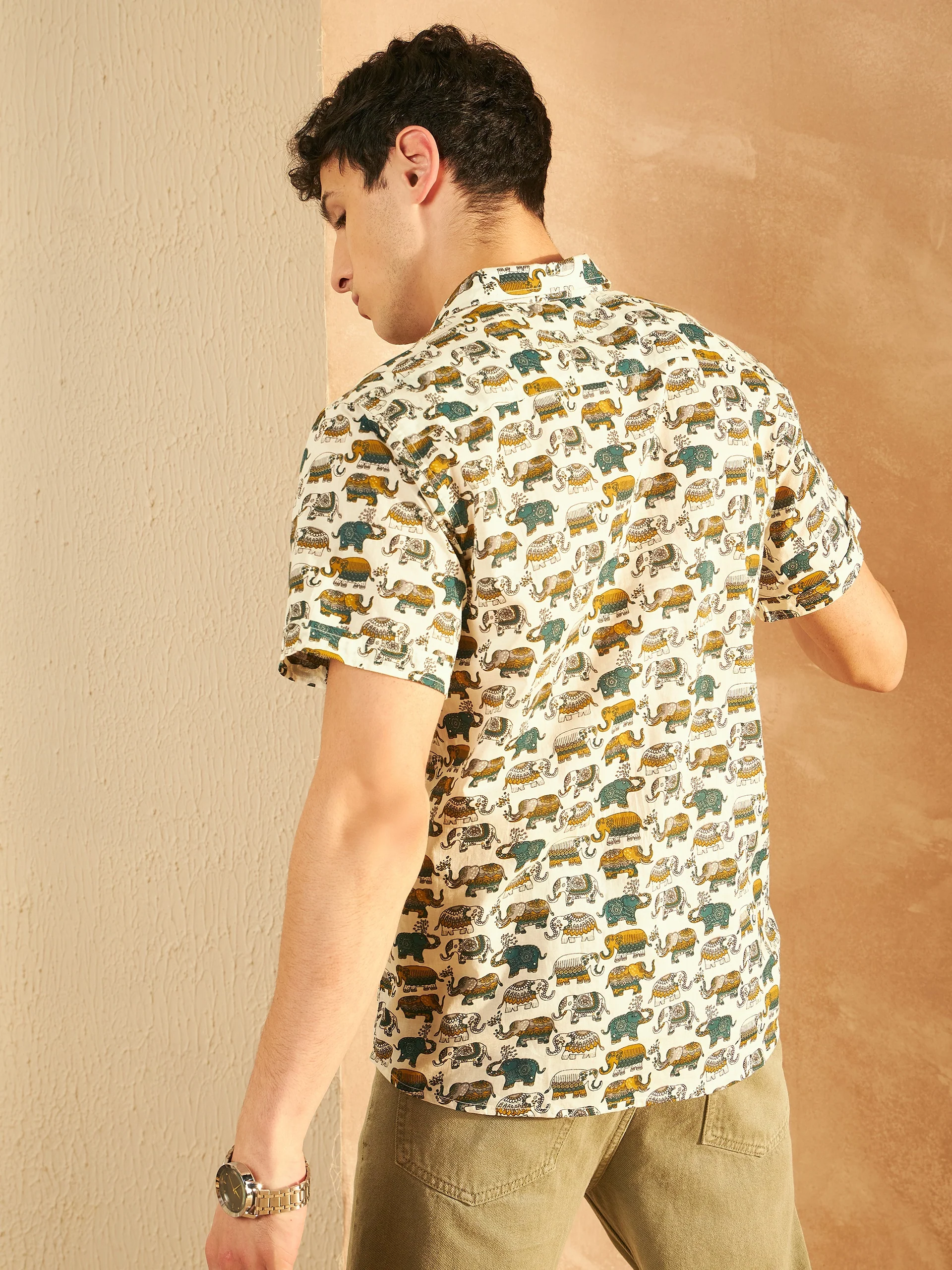 Cream & Mustard: Half Sleeves Block Printed Shirt