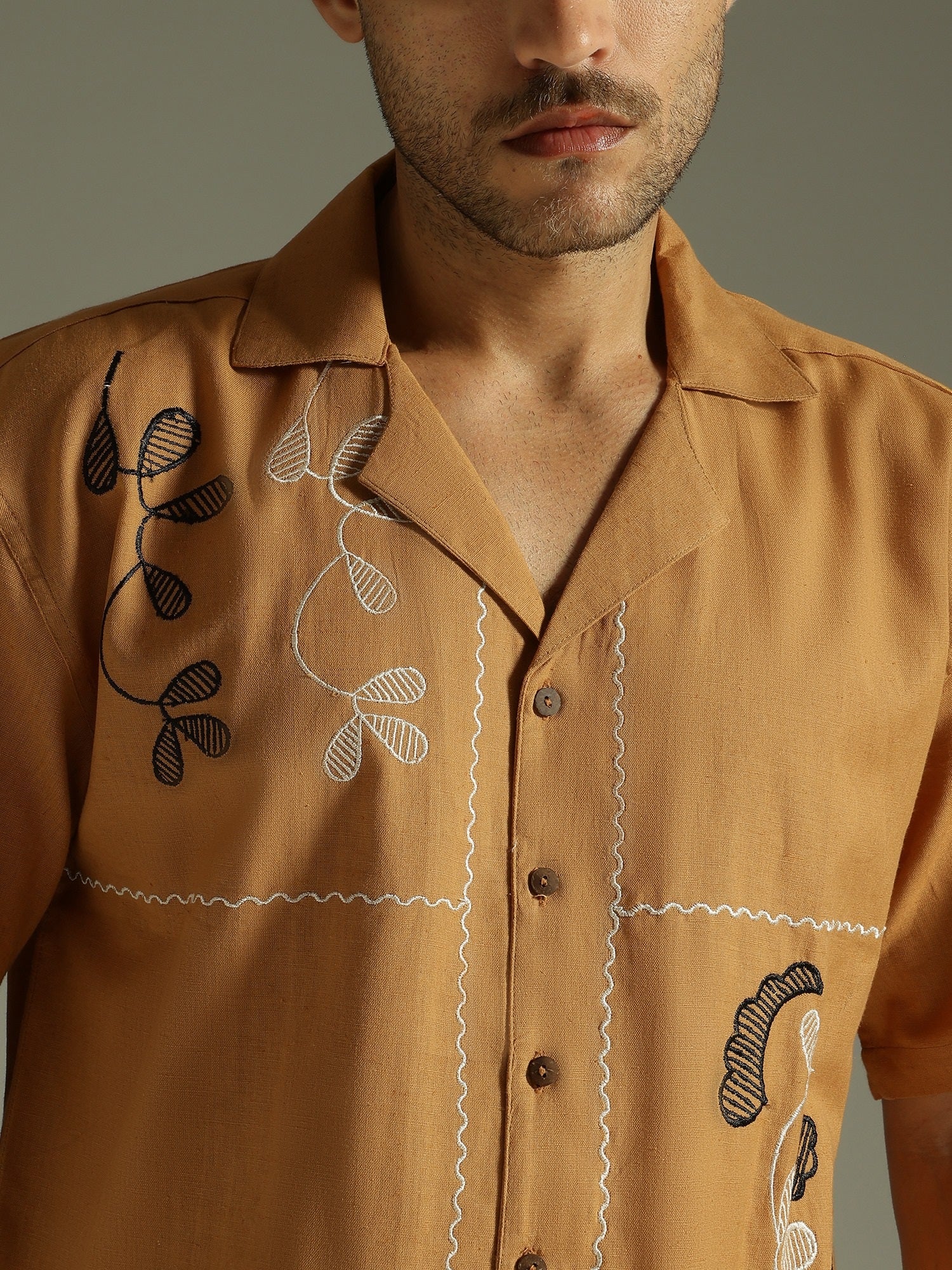 Mustard & White: Embroidered Drop Shoulder Oversized Shirt