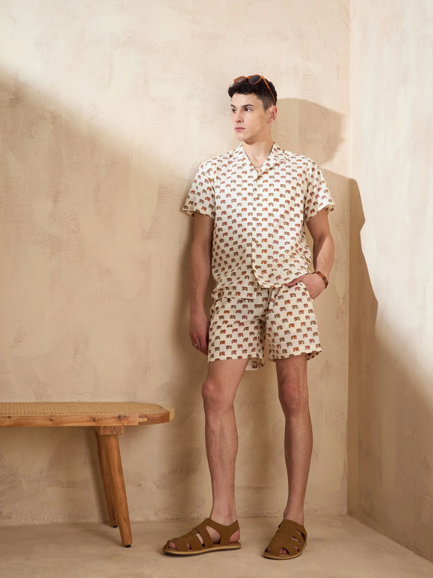 Men's Cream Block Printed Coord Set | Printed Shirt With Shorts