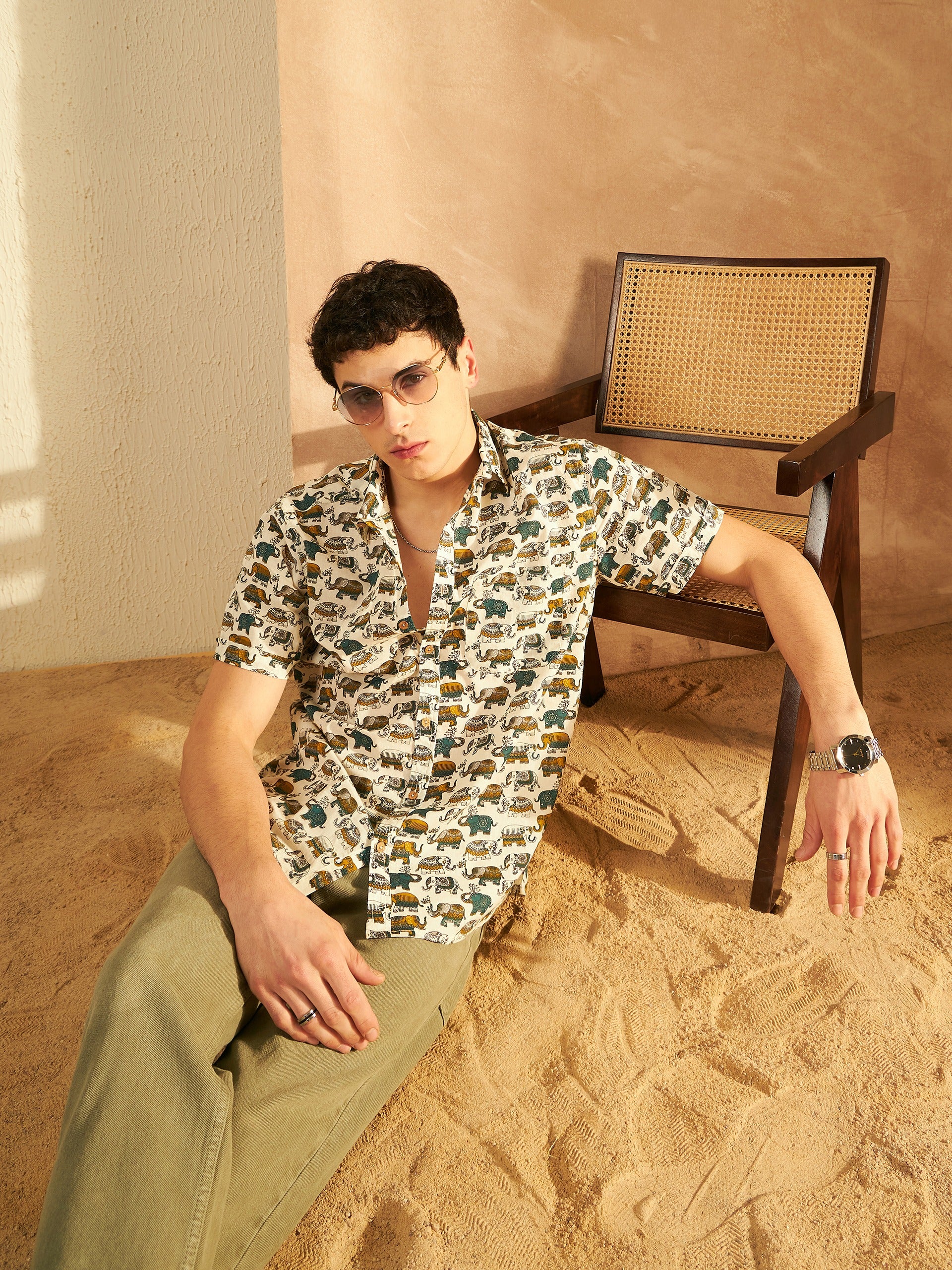 Cream & Mustard: Half Sleeves Block Printed Shirt