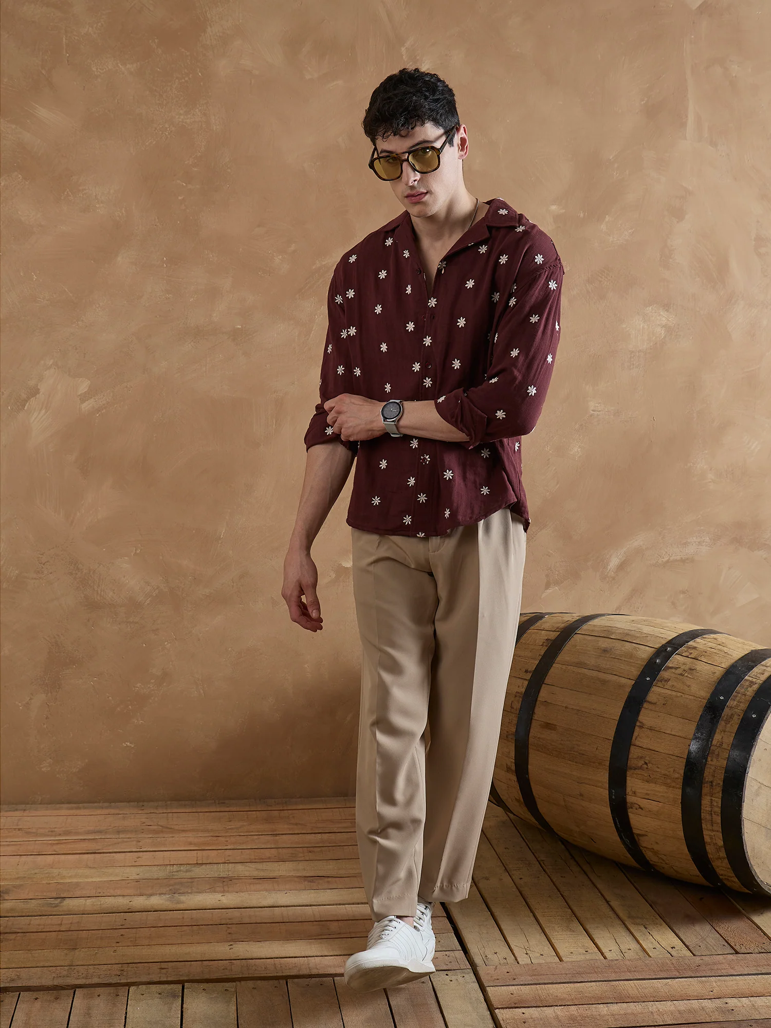 Maroon: Full Sleeves Muslin Embroidered Shirt