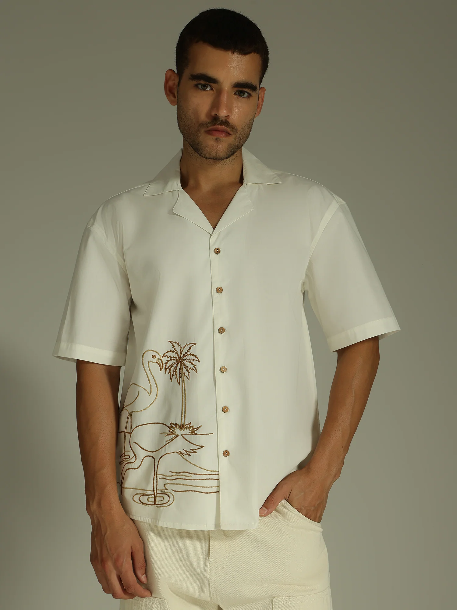 White & Brown: Embroidered Drop Shoulder Oversized Shirt
