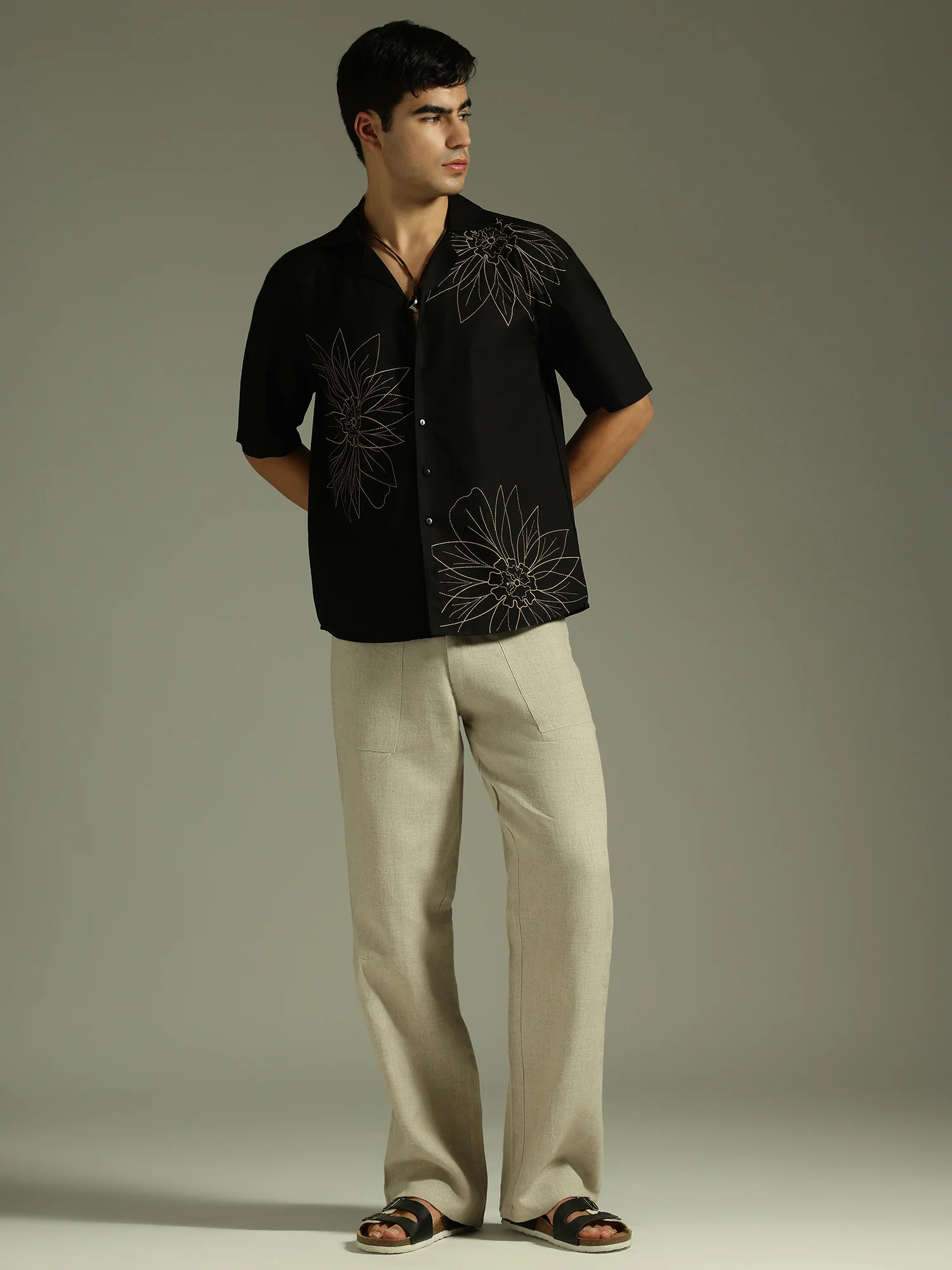 Black: Embroidered Drop Shoulder Oversized Shirt