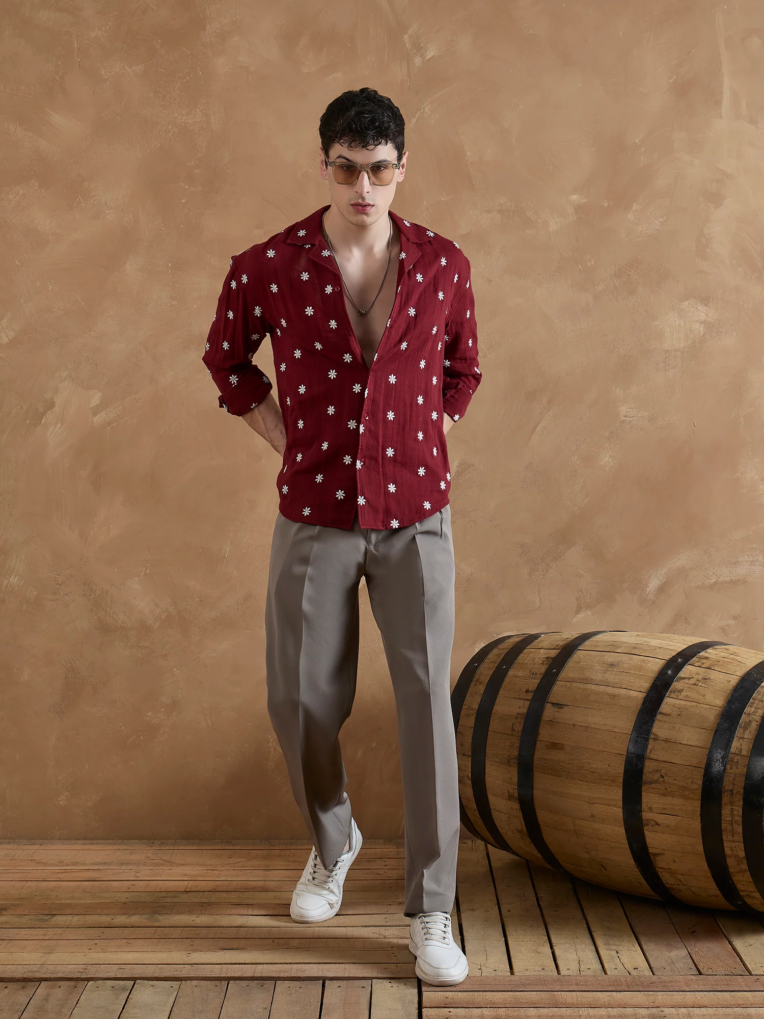 Red: Full Sleeves Muslin Embroidered Shirt