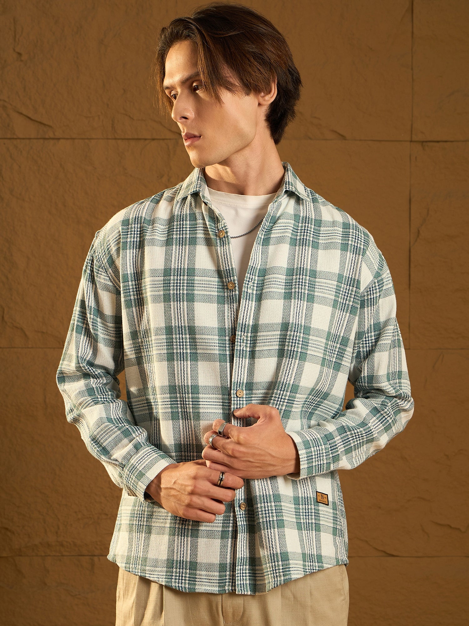 Green: Full Sleeves Windowpane Checked Shirt