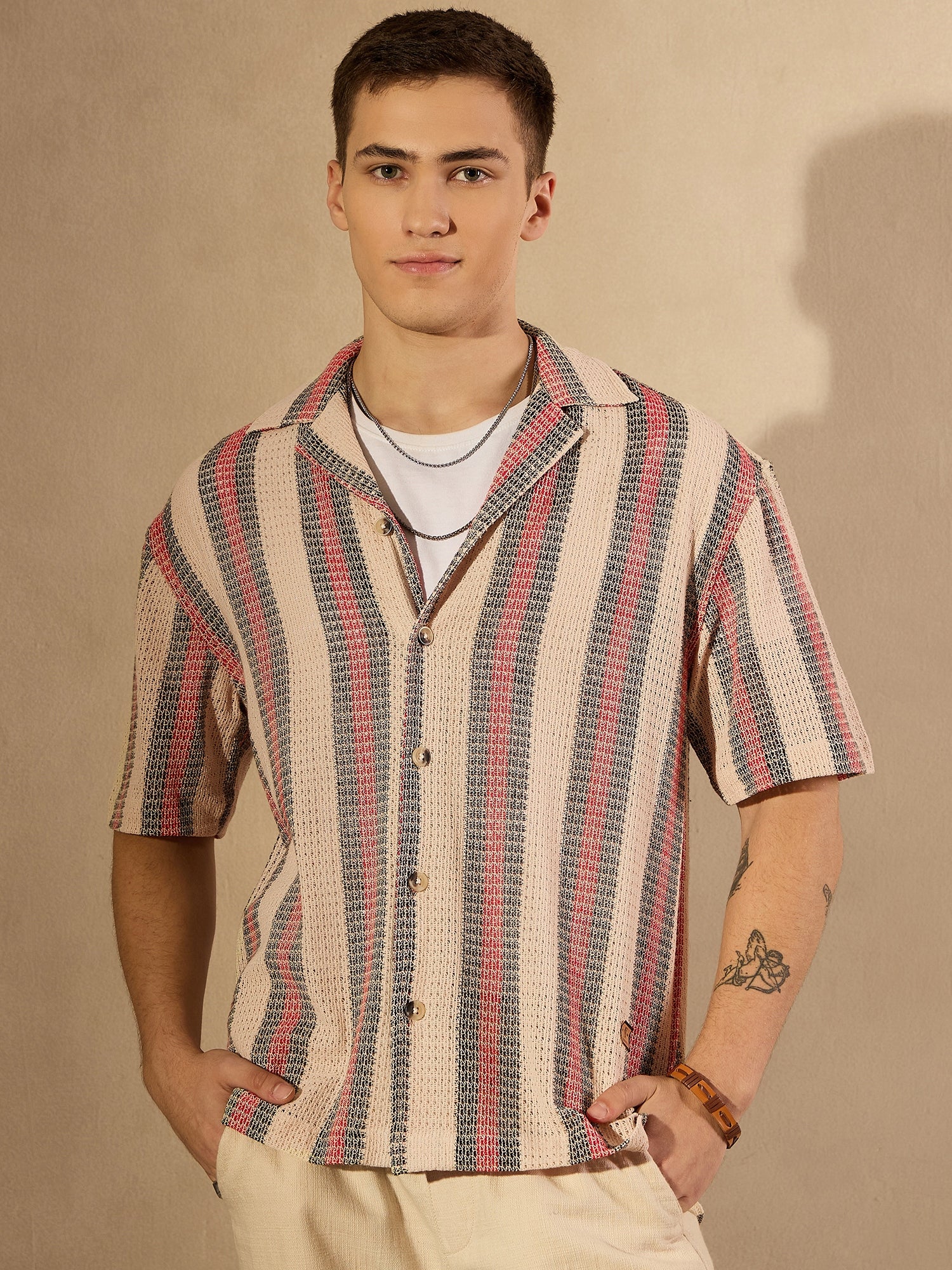 Cream & Red: Half Sleeves Crochet Oversized Striped Shirt